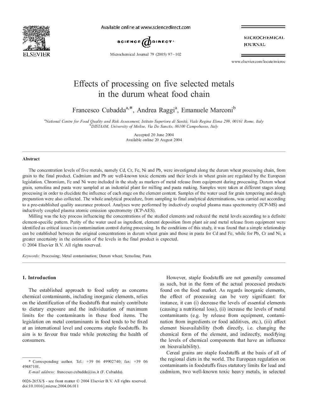 Effects of processing on five selected metals in the durum wheat food chain