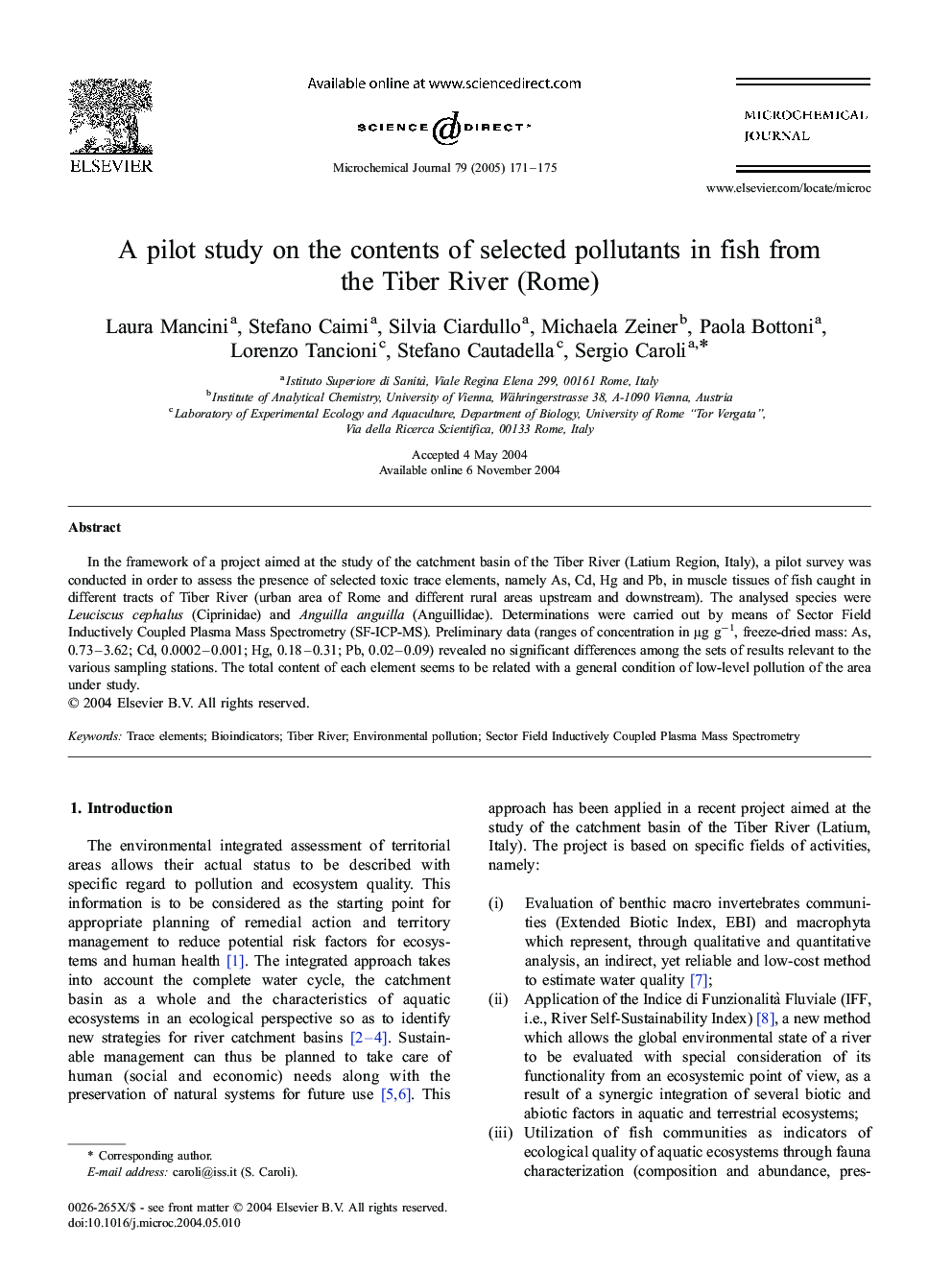 A pilot study on the contents of selected pollutants in fish from the Tiber River (Rome)
