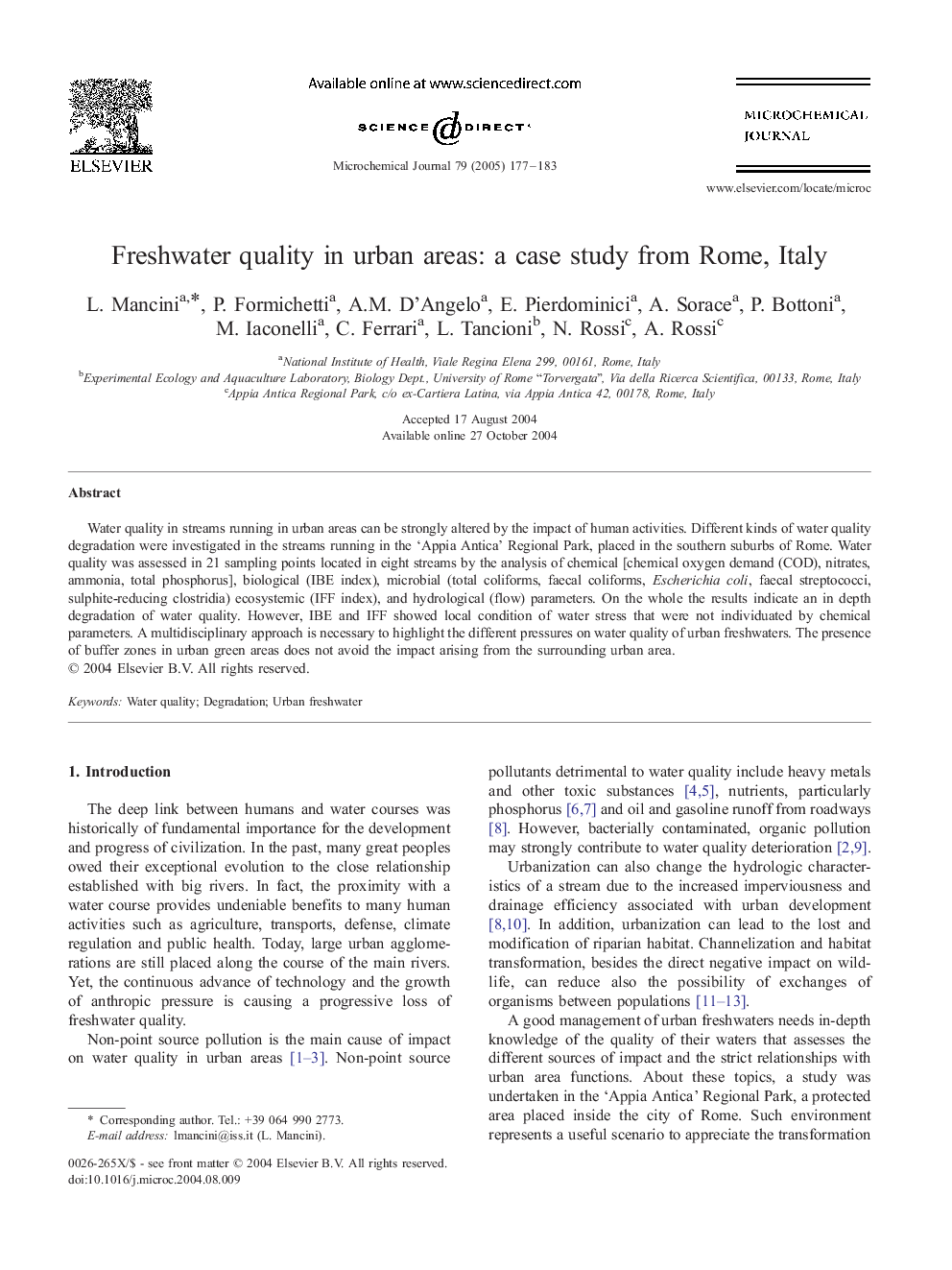 Freshwater quality in urban areas: a case study from Rome, Italy