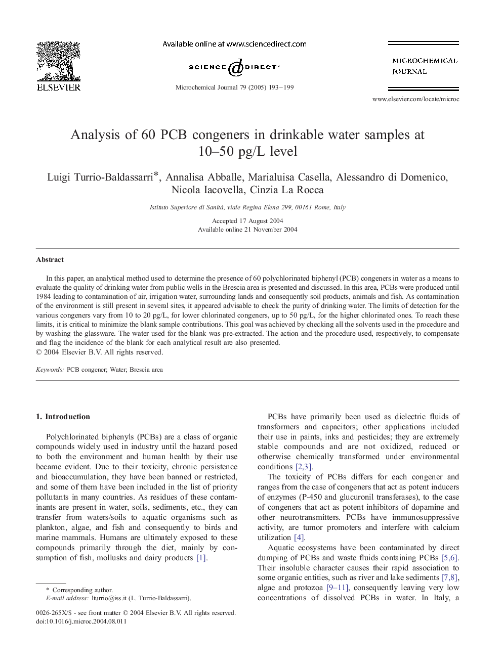 Analysis of 60 PCB congeners in drinkable water samples at 10-50 pg/L level