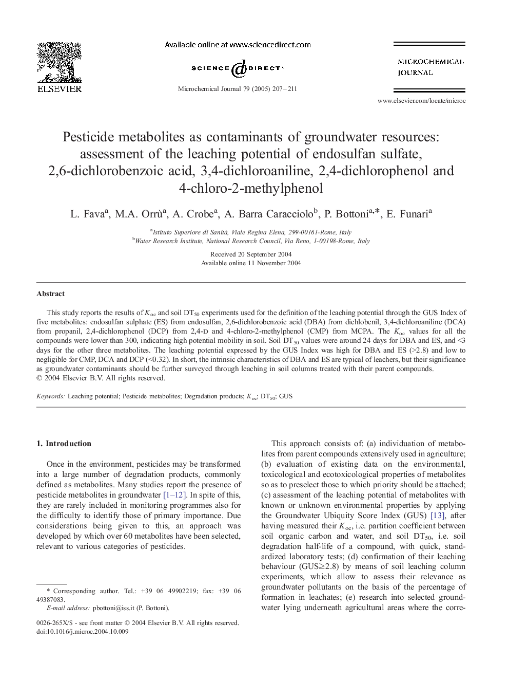 Pesticide metabolites as contaminants of groundwater resources: assessment of the leaching potential of endosulfan sulfate, 2,6-dichlorobenzoic acid, 3,4-dichloroaniline, 2,4-dichlorophenol and 4-chloro-2-methylphenol