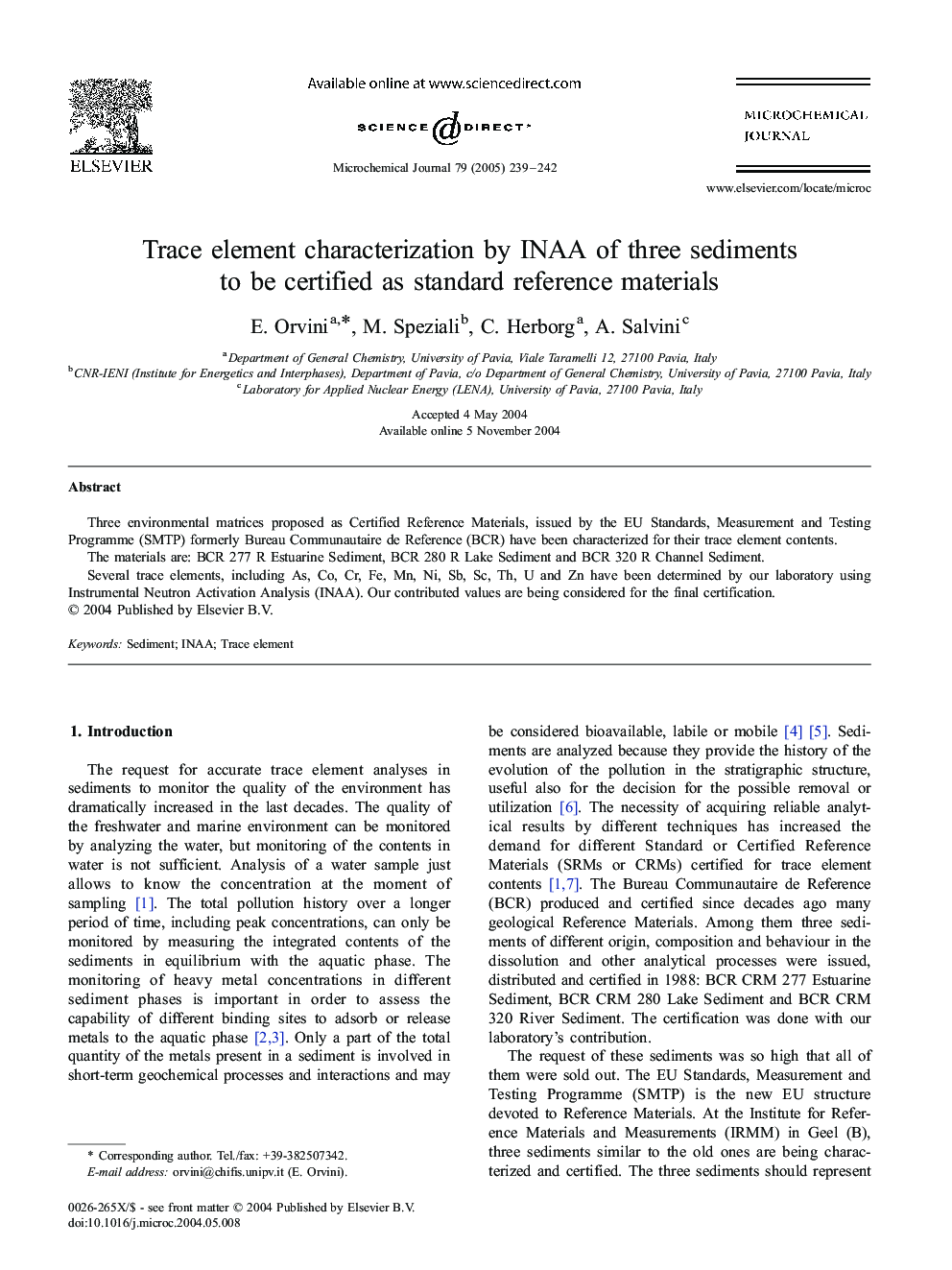 Trace element characterization by INAA of three sediments to be certified as standard reference materials