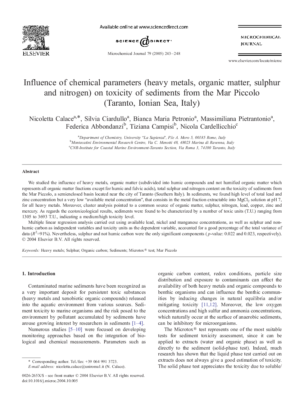 Influence of chemical parameters (heavy metals, organic matter, sulphur and nitrogen) on toxicity of sediments from the Mar Piccolo (Taranto, Ionian Sea, Italy)