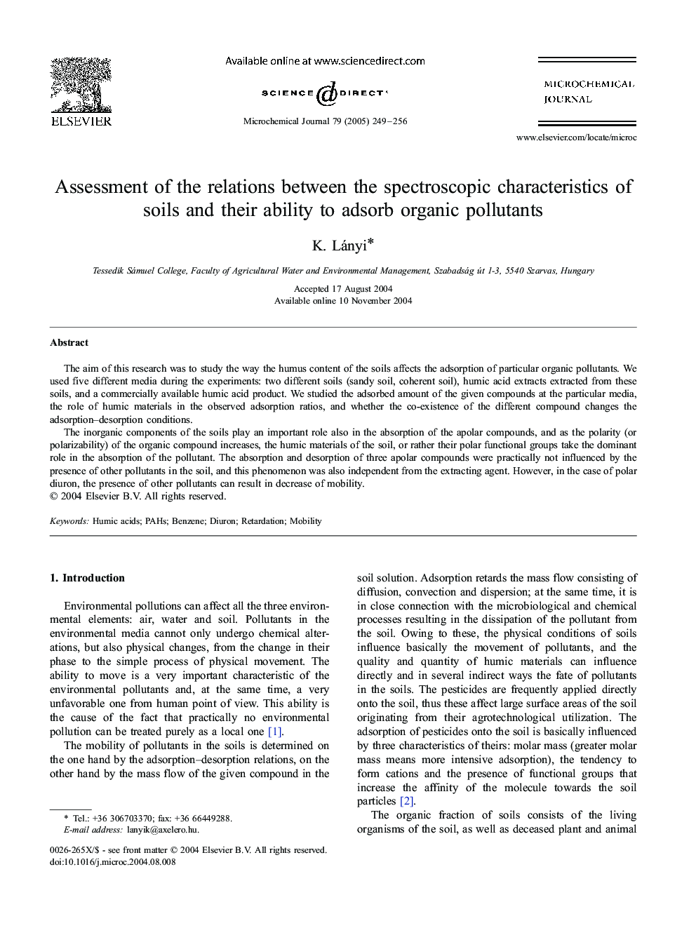 Assessment of the relations between the spectroscopic characteristics of soils and their ability to adsorb organic pollutants