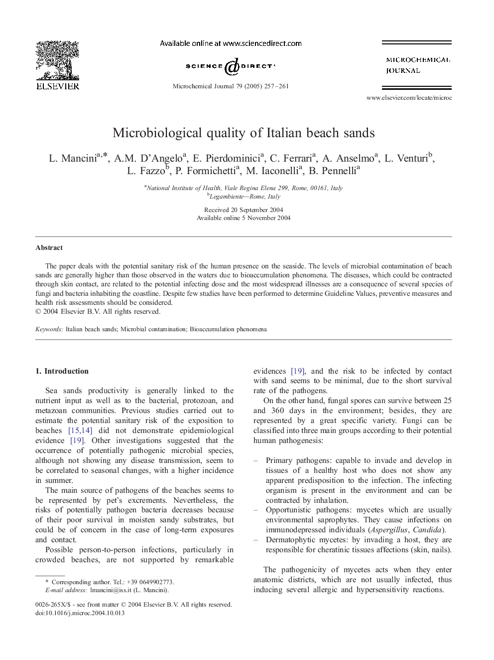 Microbiological quality of Italian beach sands