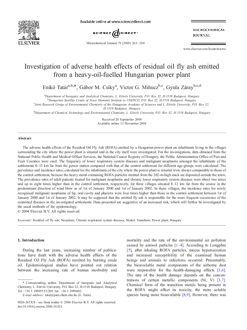 Investigation of adverse health effects of residual oil fly ash emitted from a heavy-oil-fuelled Hungarian power plant