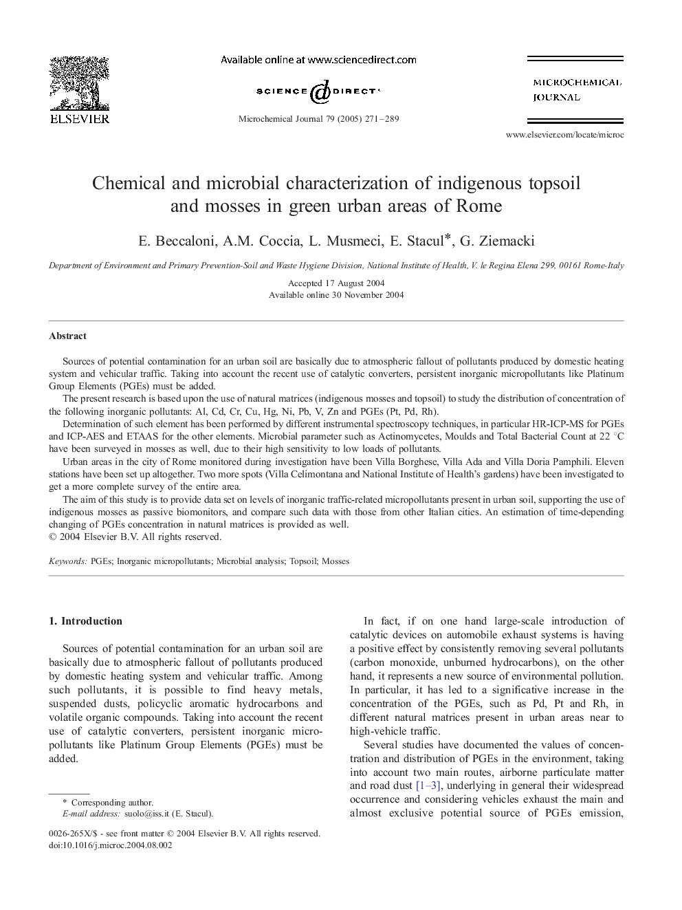 Chemical and microbial characterization of indigenous topsoil and mosses in green urban areas of Rome