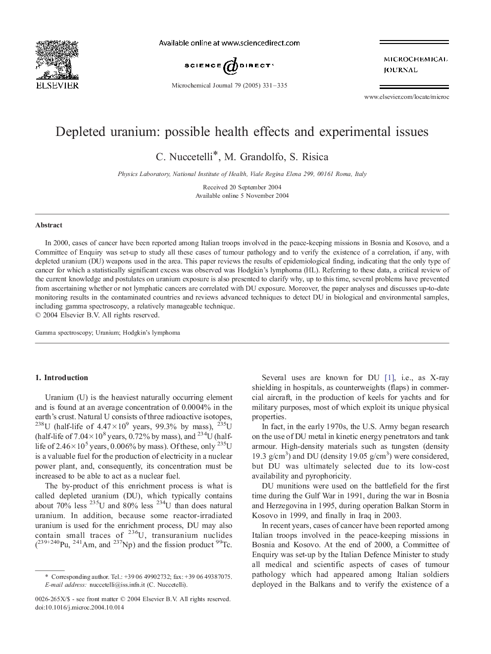 Depleted uranium: possible health effects and experimental issues