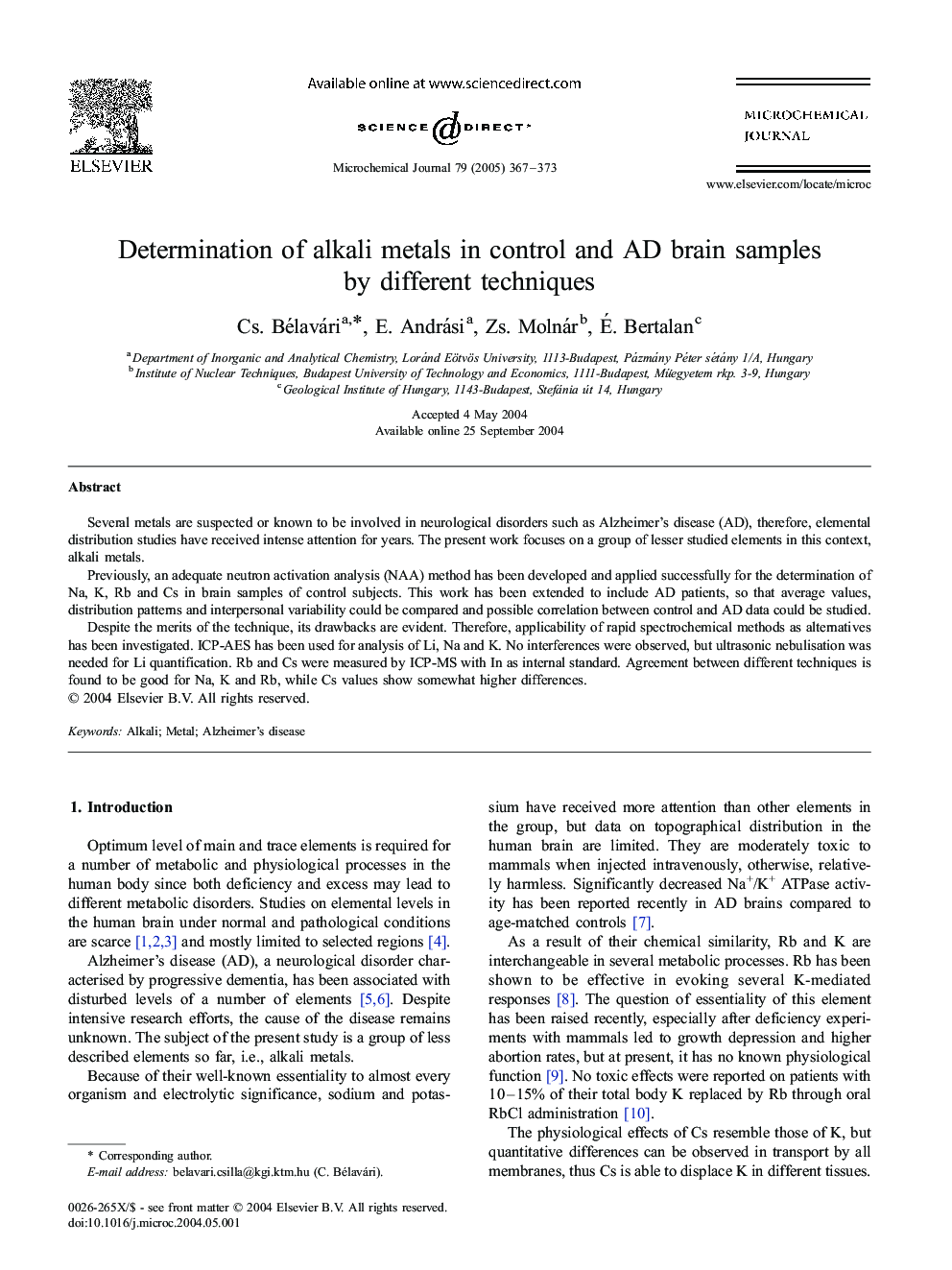 Determination of alkali metals in control and AD brain samples by different techniques