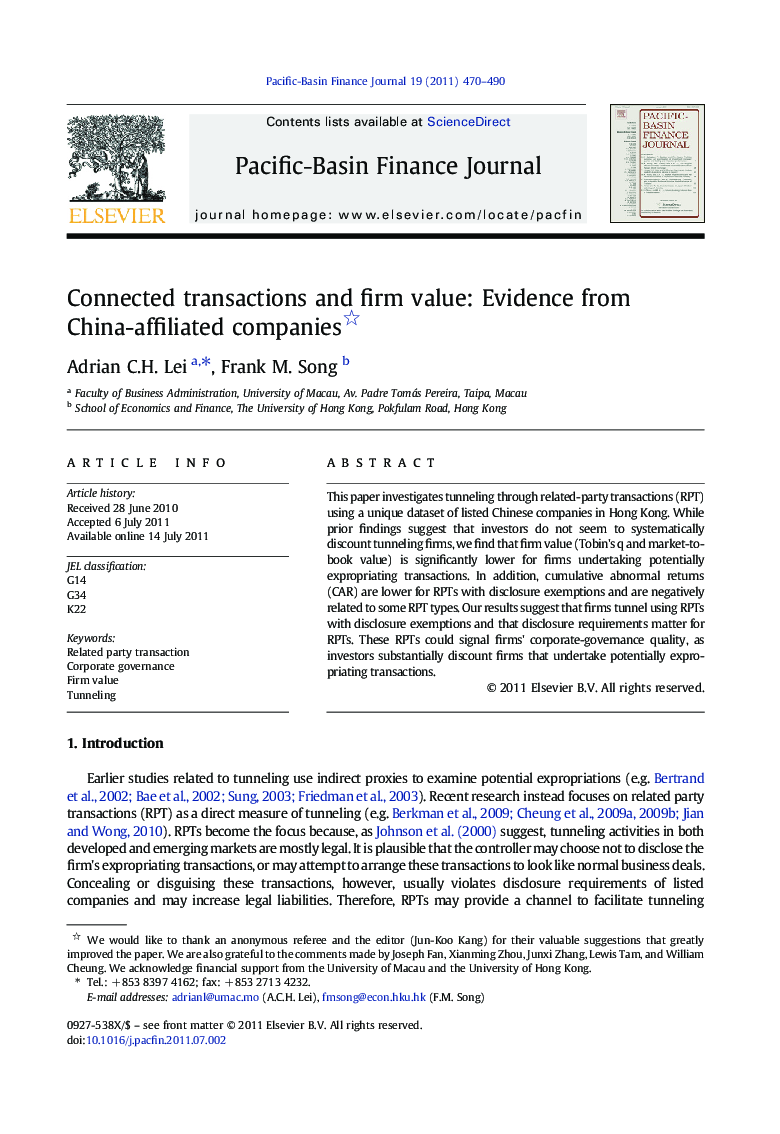 Connected transactions and firm value: Evidence from China-affiliated companies 