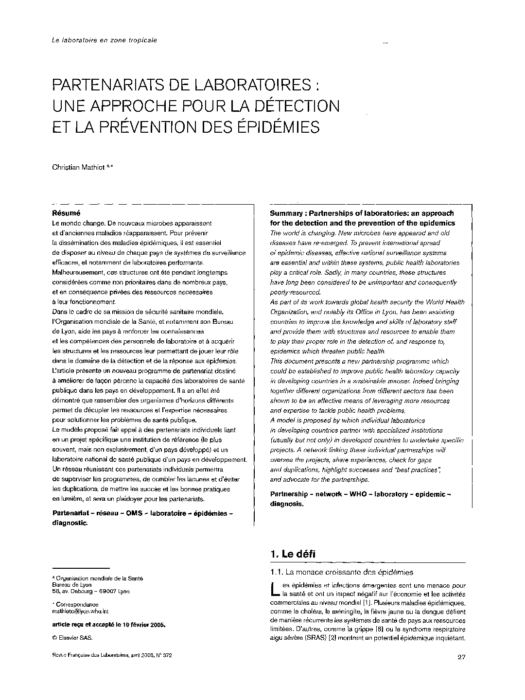 عکس صفحه اول مقاله: Partenariats de laboratoires : une approche pour la détection et la prévention des épidémies Partenariats de laboratoires : une approche pour la détection et la prévention des épidémies
