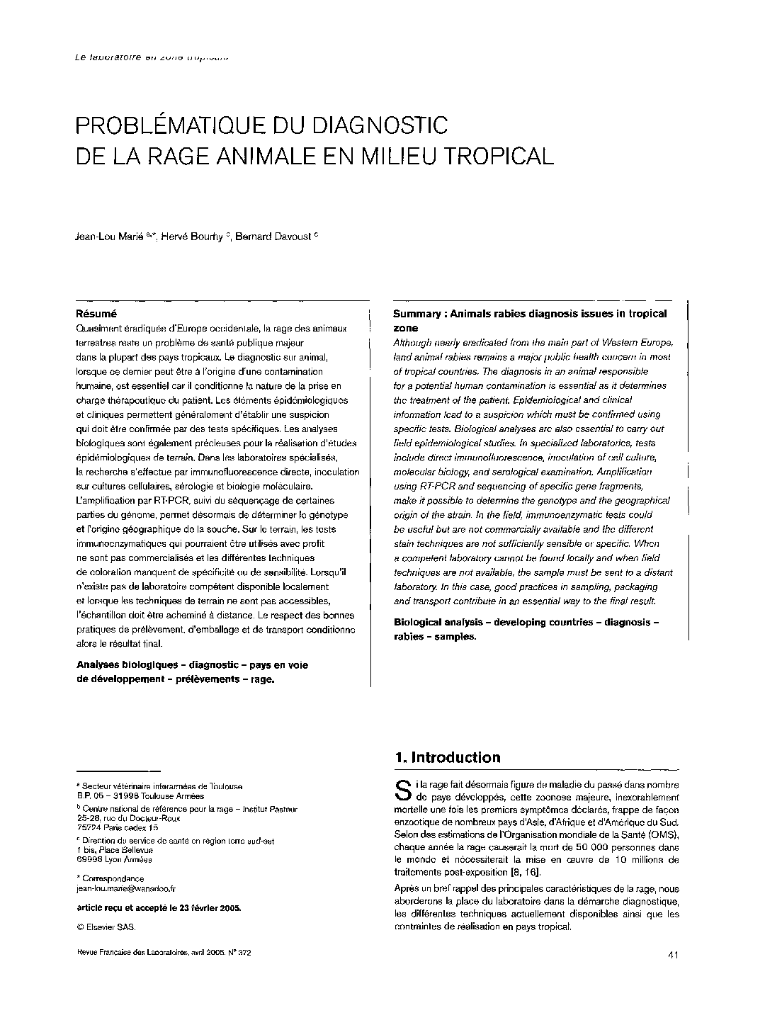 Problématique du diagnostic de la rage animale en milieu tropical