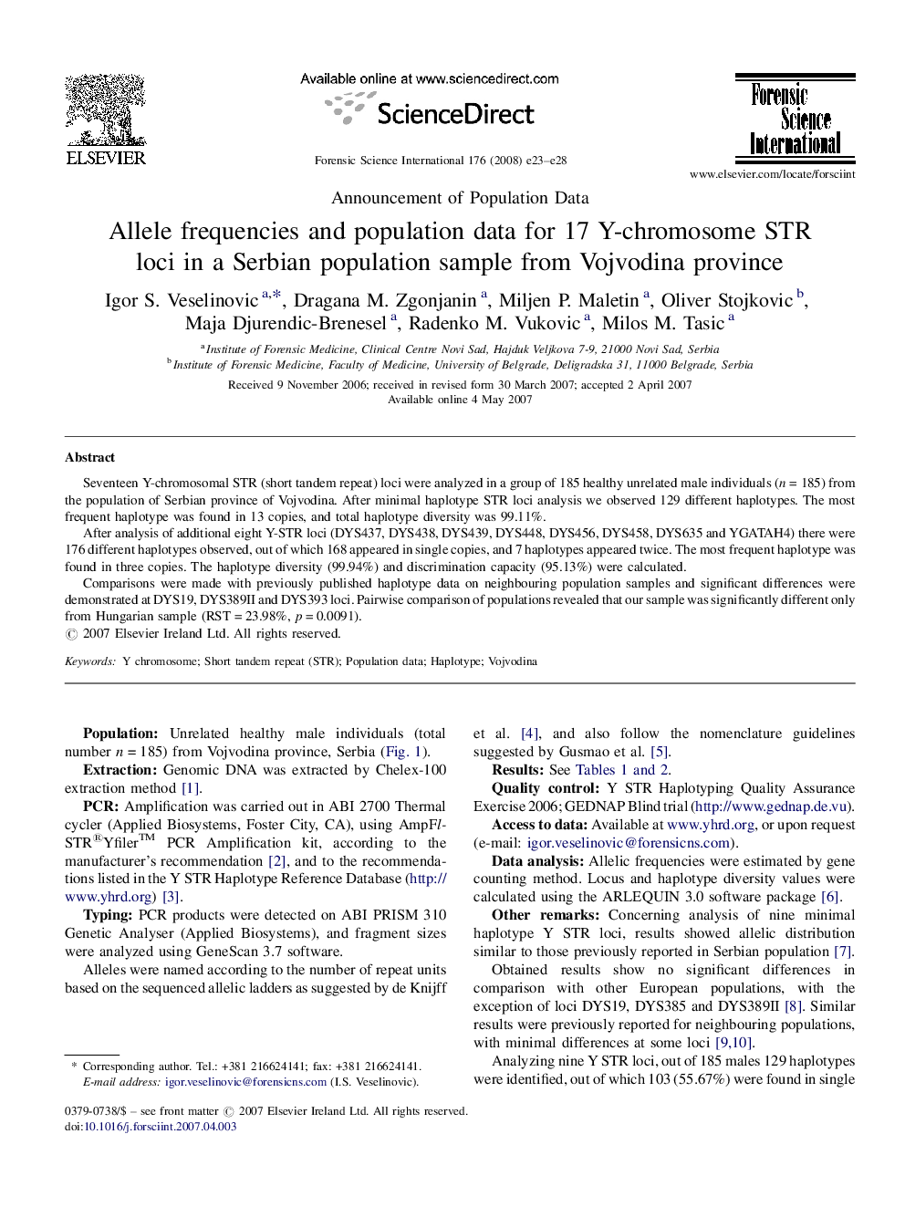 Allele frequencies and population data for 17 Y-chromosome STR loci in a Serbian population sample from Vojvodina province