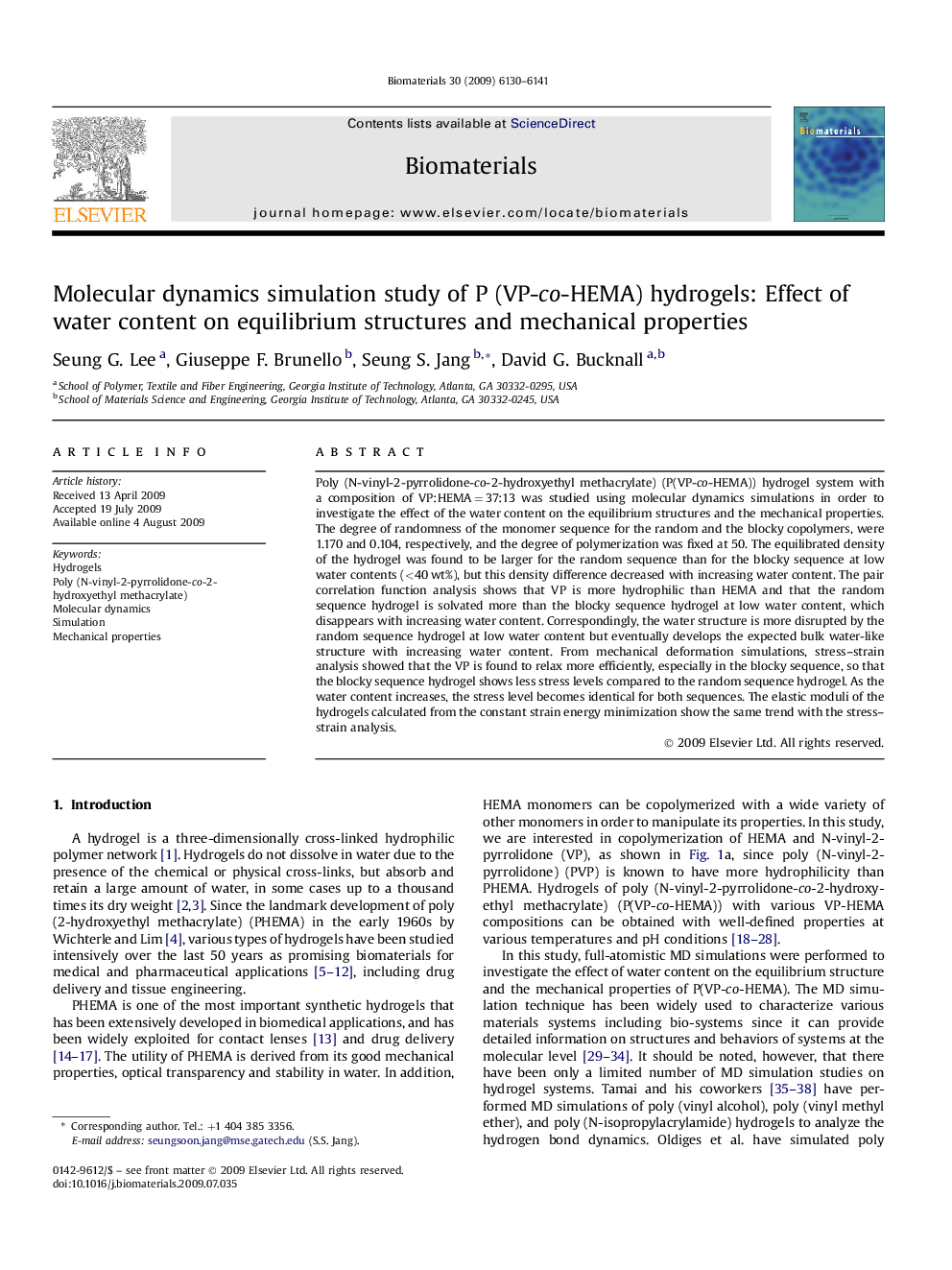 Molecular dynamics simulation study of P (VP-co-HEMA) hydrogels: Effect of water content on equilibrium structures and mechanical properties