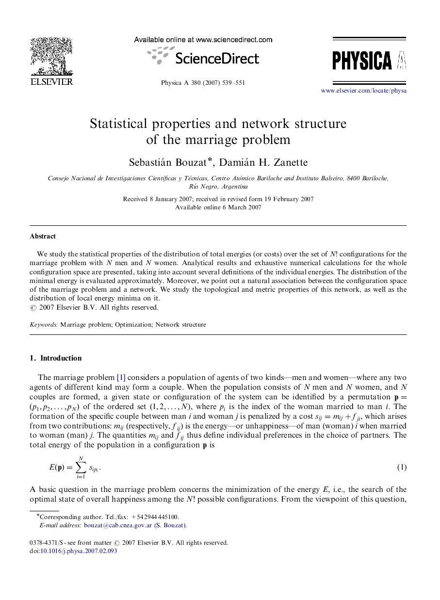 Statistical properties and network structure of the marriage problem