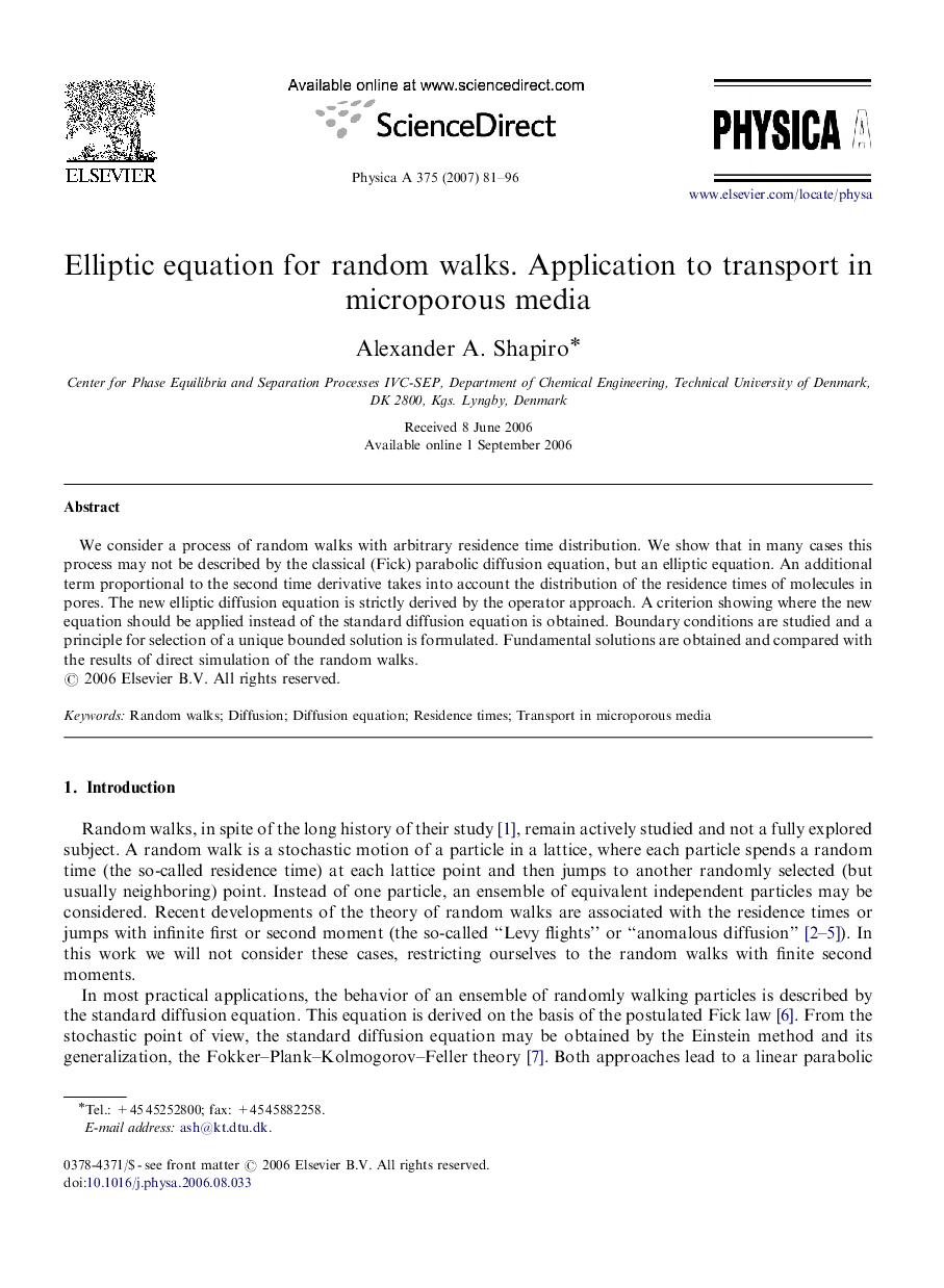 Elliptic equation for random walks. Application to transport in microporous media