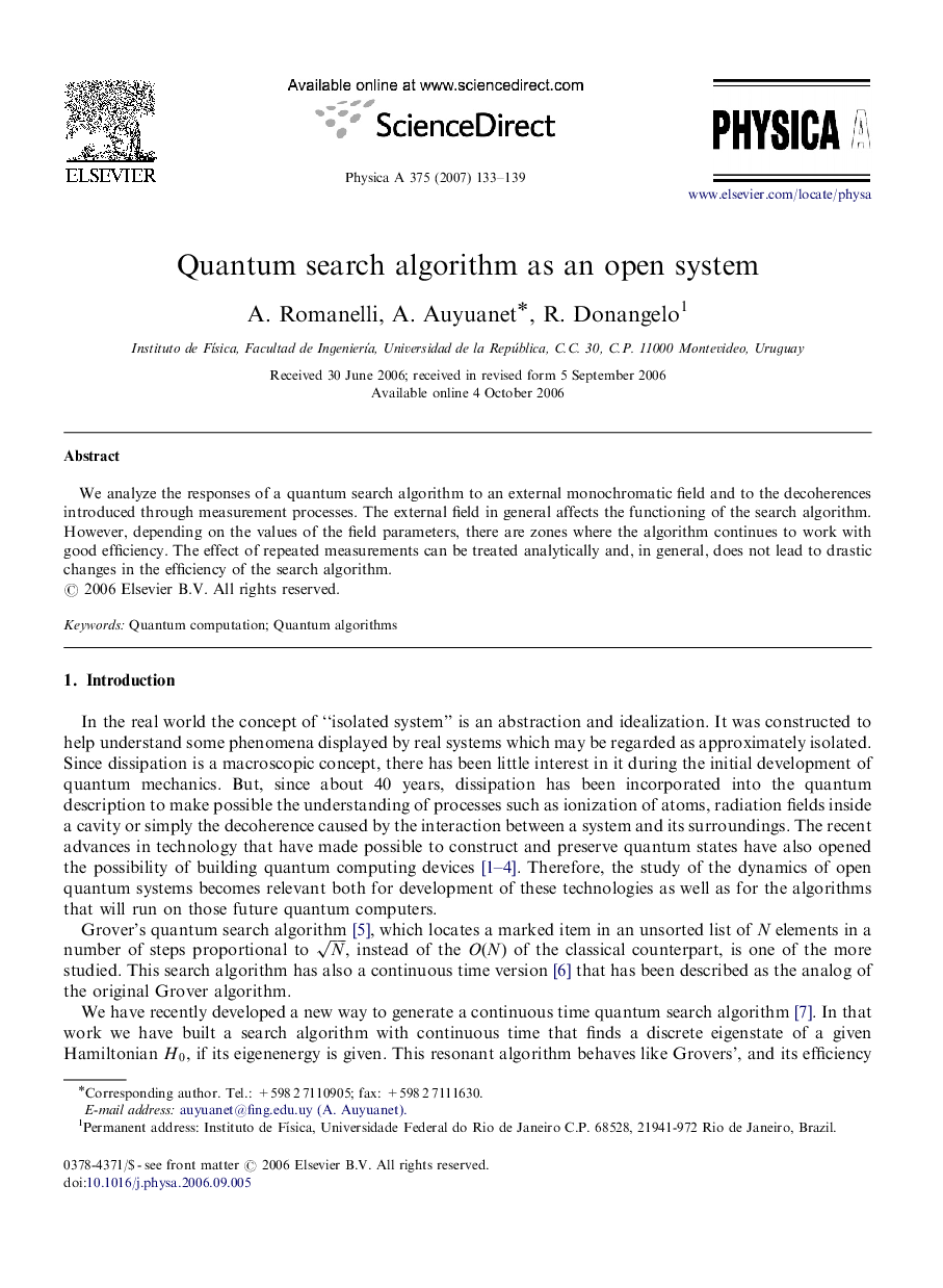 Quantum search algorithm as an open system