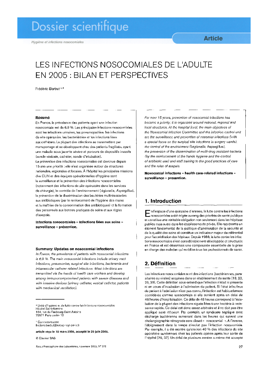 Les Infections Nosocomiales De L'Adulte En 2005 : Bilan Et Perspectives