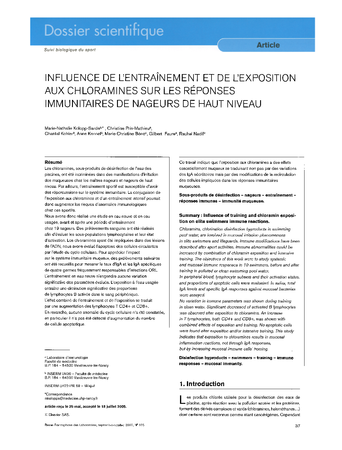 Influence de L'EntraÃ®nement et de L'Exposition aux Chloramines Sur Les Réponses Immunitaires de Nageurs de Haut Niveau