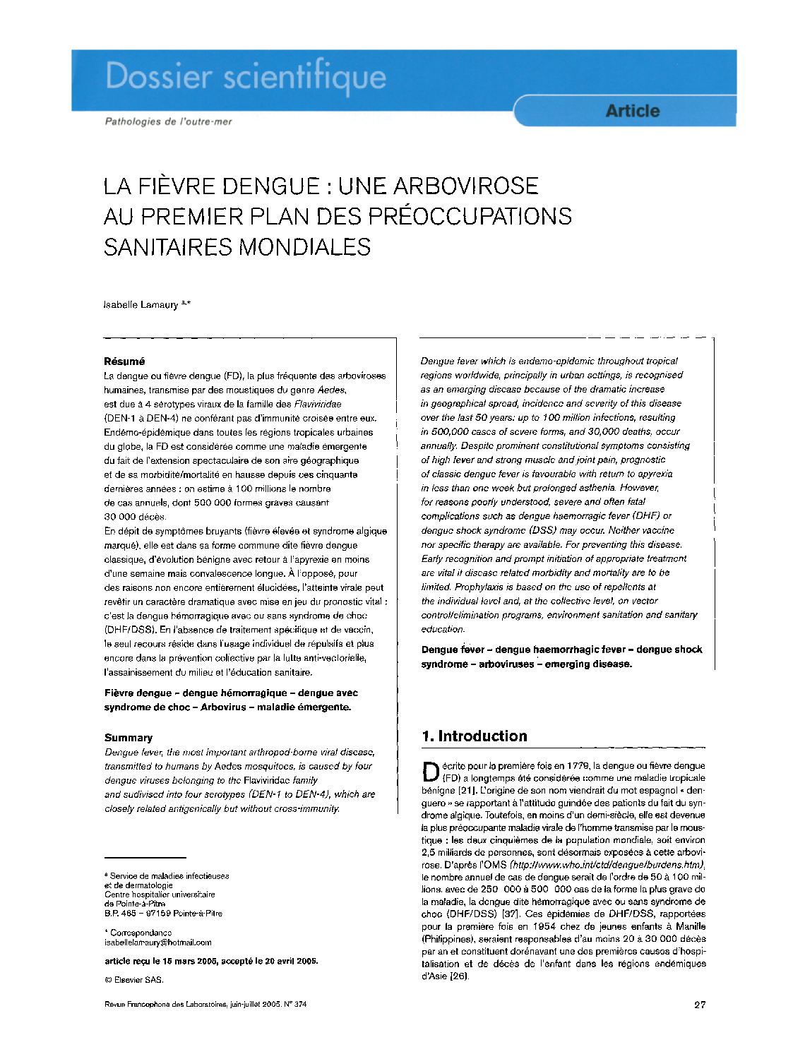 La FiÃ¨vre Dengue : Une Arbovirose Au Premier Plan Des Préoccupations Sanitaires Mondiales