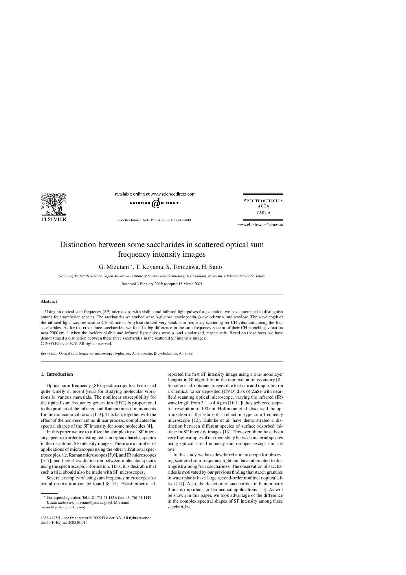 Distinction between some saccharides in scattered optical sum frequency intensity images