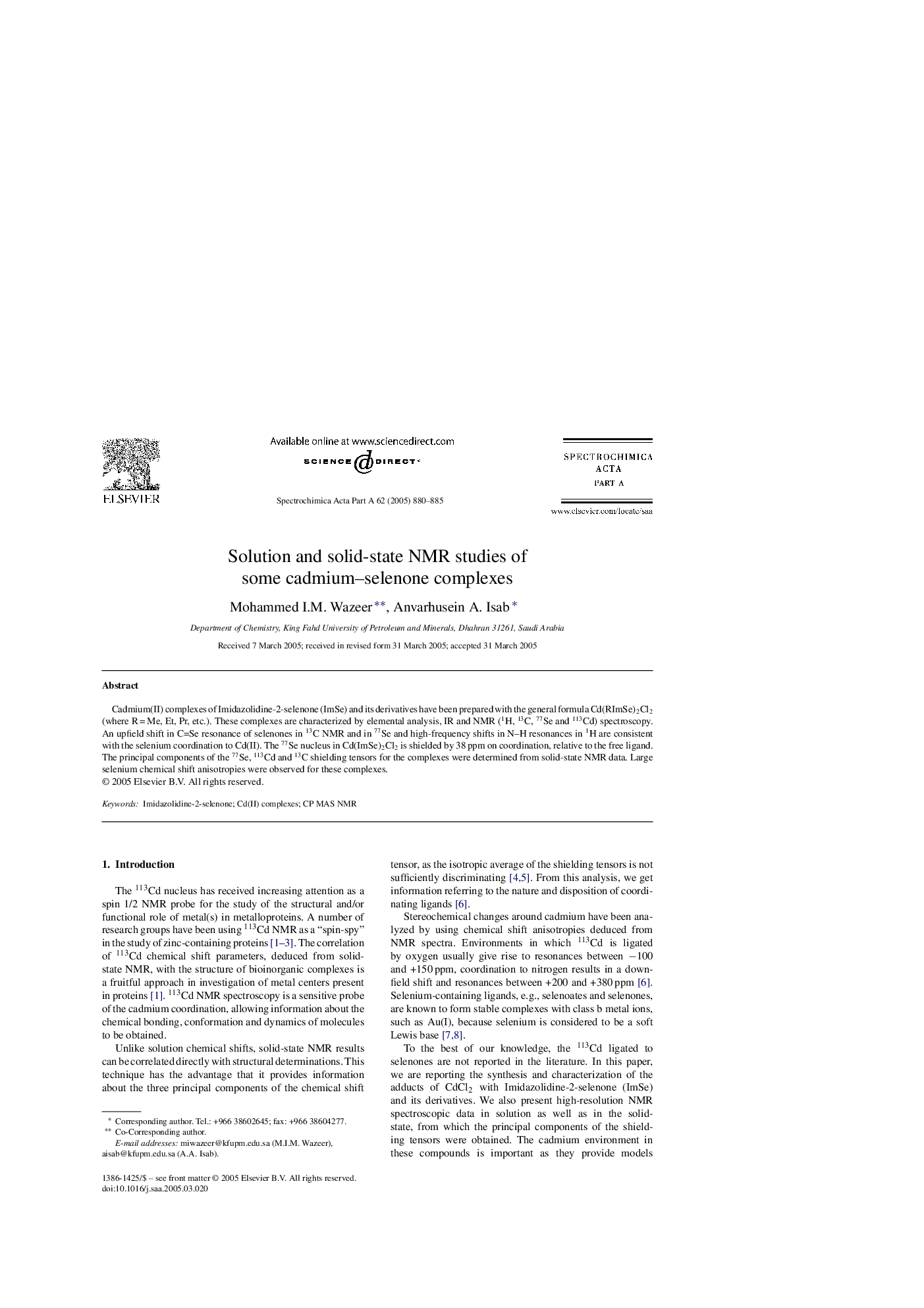 Solution and solid-state NMR studies of some cadmium-selenone complexes