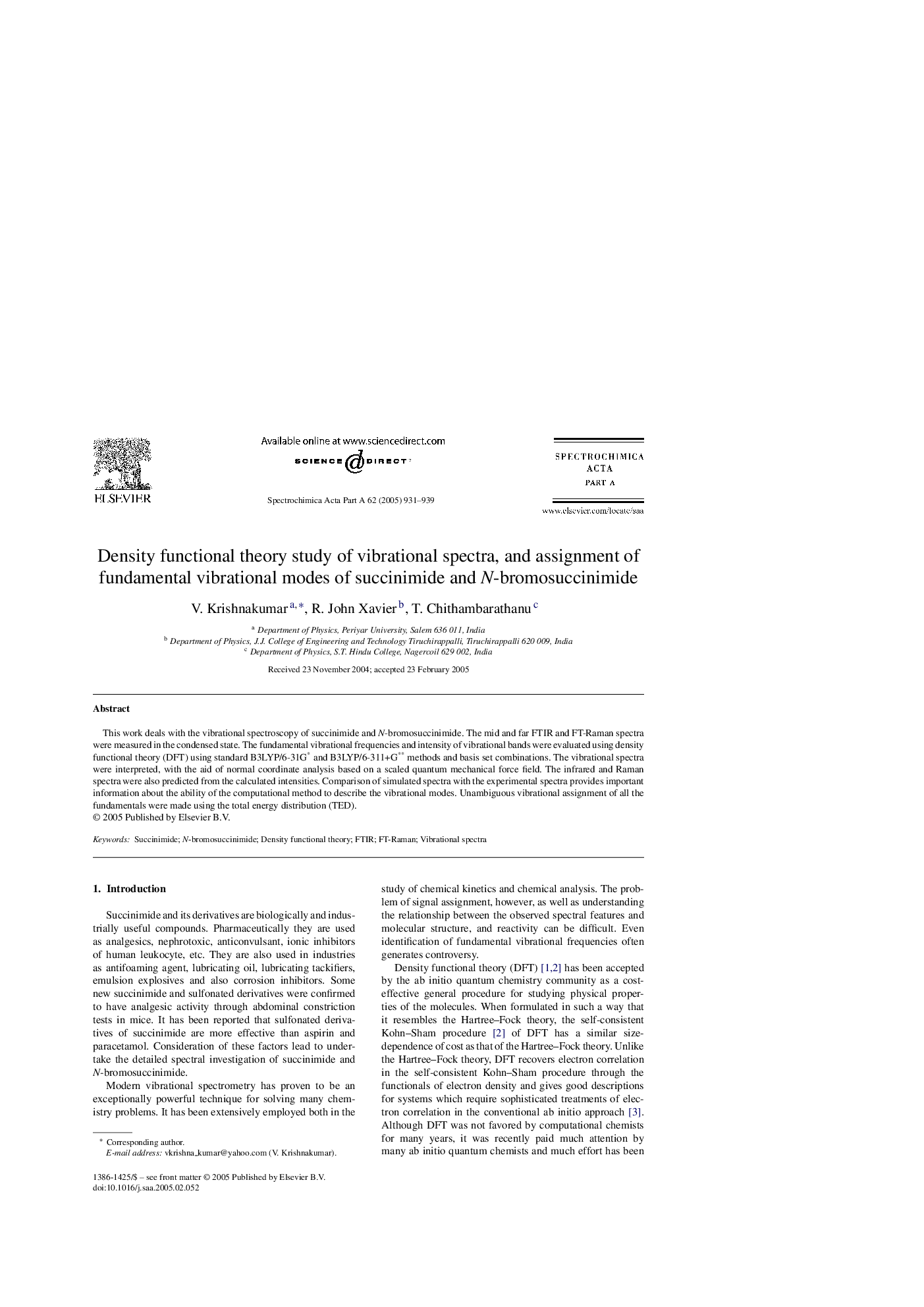 Density functional theory study of vibrational spectra, and assignment of fundamental vibrational modes of succinimide and N-bromosuccinimide