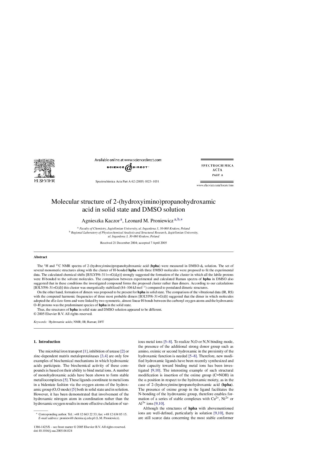 Molecular structure of 2-(hydroxyimino)propanohydroxamic acid in solid state and DMSO solution