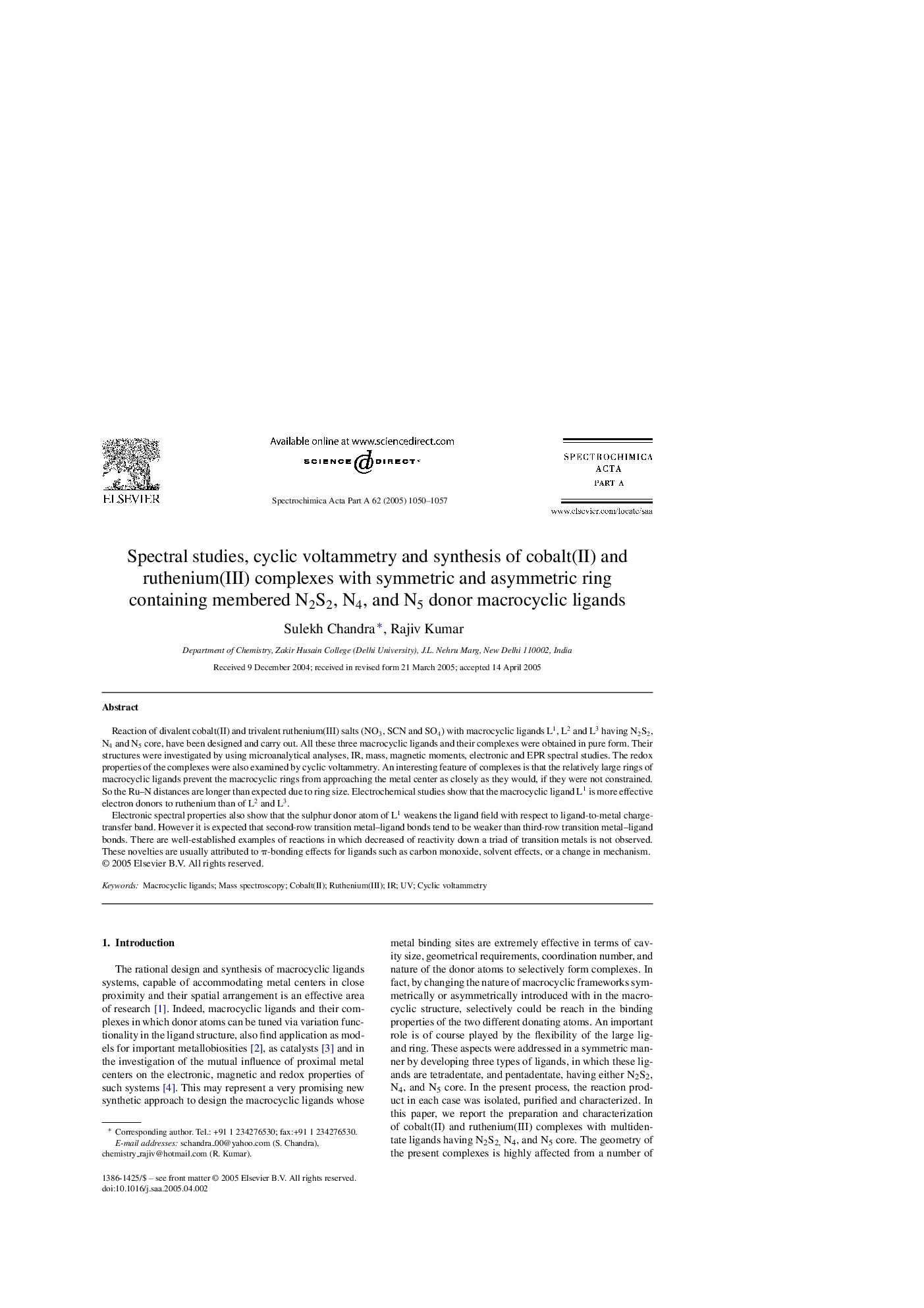 Spectral studies, cyclic voltammetry and synthesis of cobalt(II) and ruthenium(III) complexes with symmetric and asymmetric ring containing membered N2S2, N4, and N5 donor macrocyclic ligands