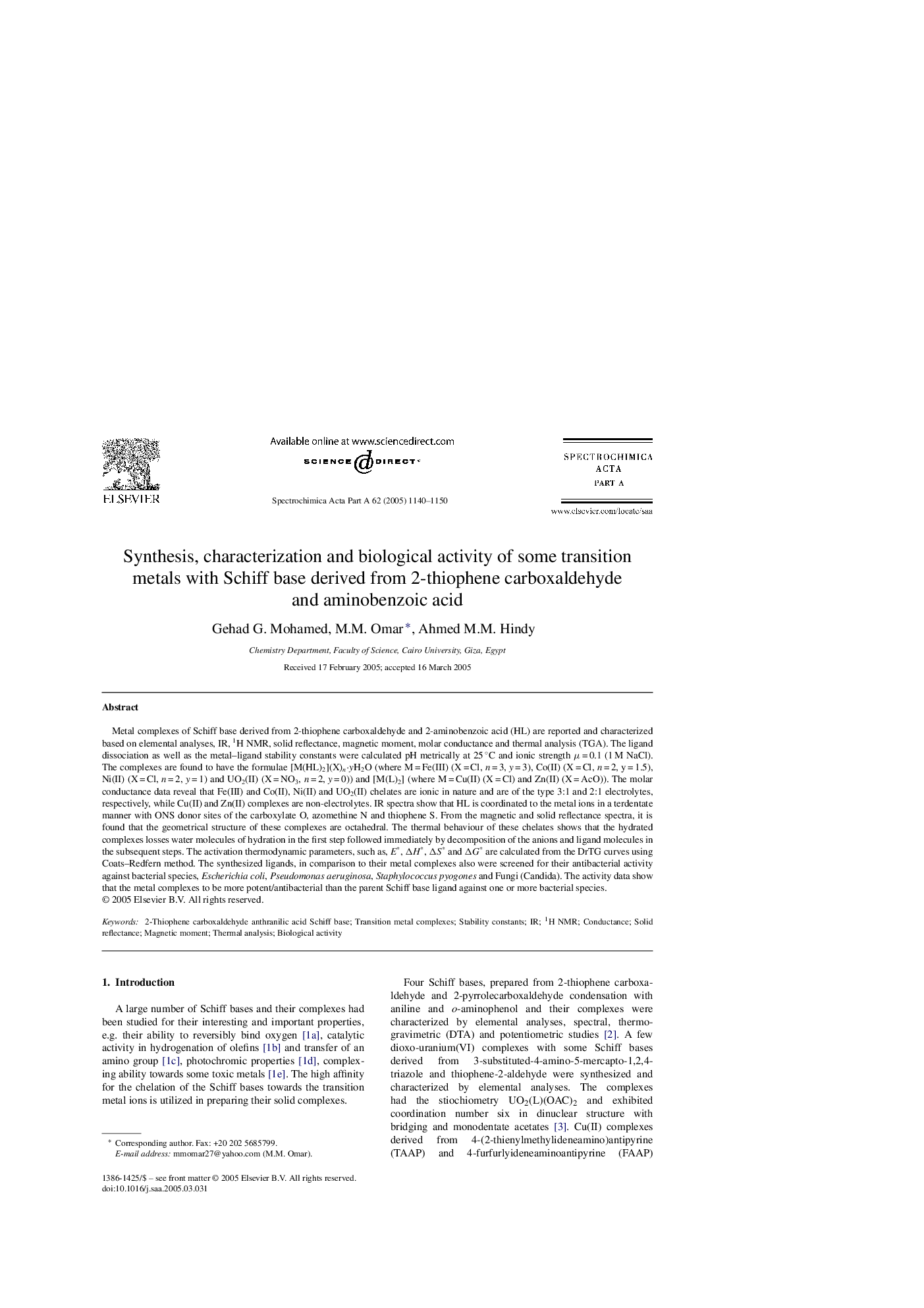 Synthesis, characterization and biological activity of some transition metals with Schiff base derived from 2-thiophene carboxaldehyde and aminobenzoic acid