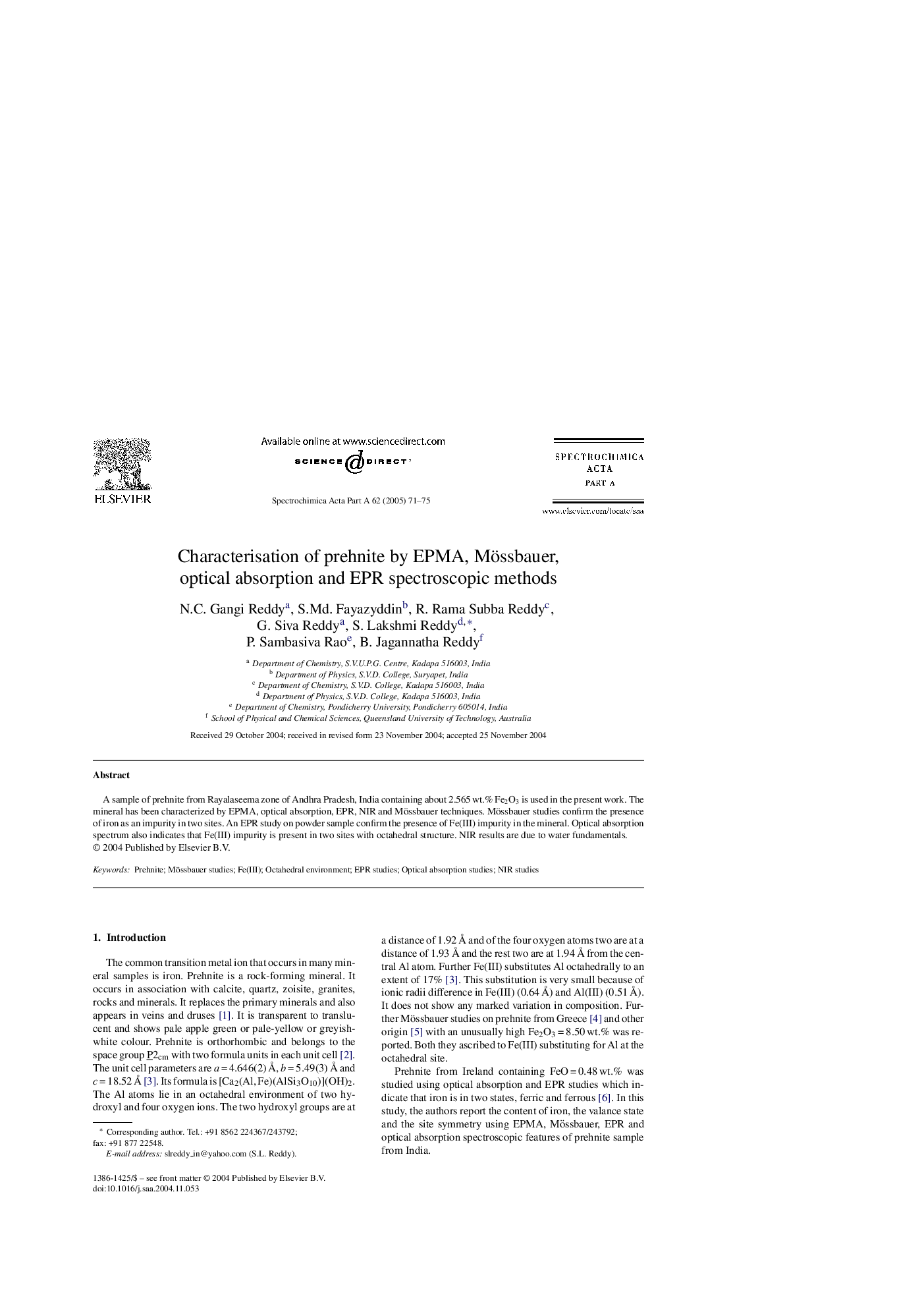 Characterisation of prehnite by EPMA, Mössbauer, optical absorption and EPR spectroscopic methods