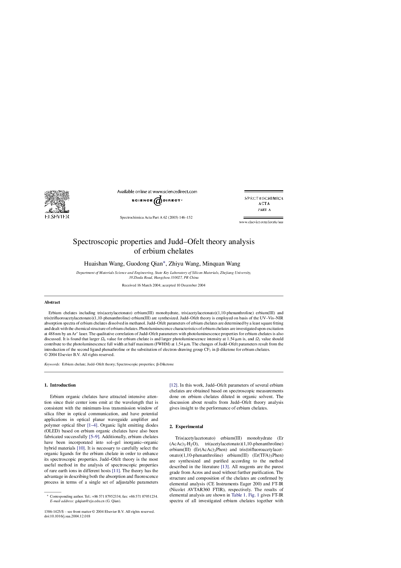 Spectroscopic properties and Judd-Ofelt theory analysis of erbium chelates