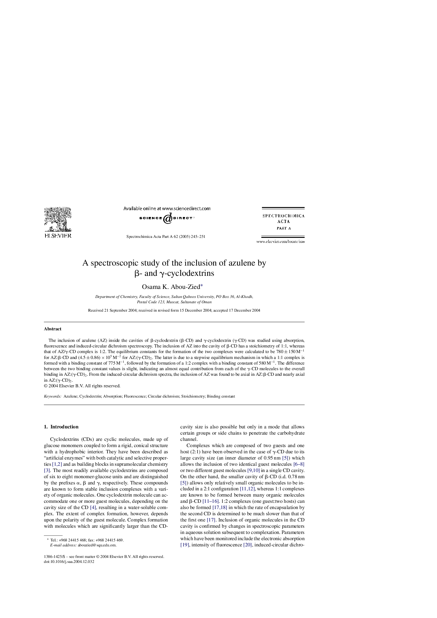 عکس صفحه اول مقاله: A spectroscopic study of the inclusion of azulene by β- and γ-cyclodextrins A spectroscopic study of the inclusion of azulene by β- and γ-cyclodextrins