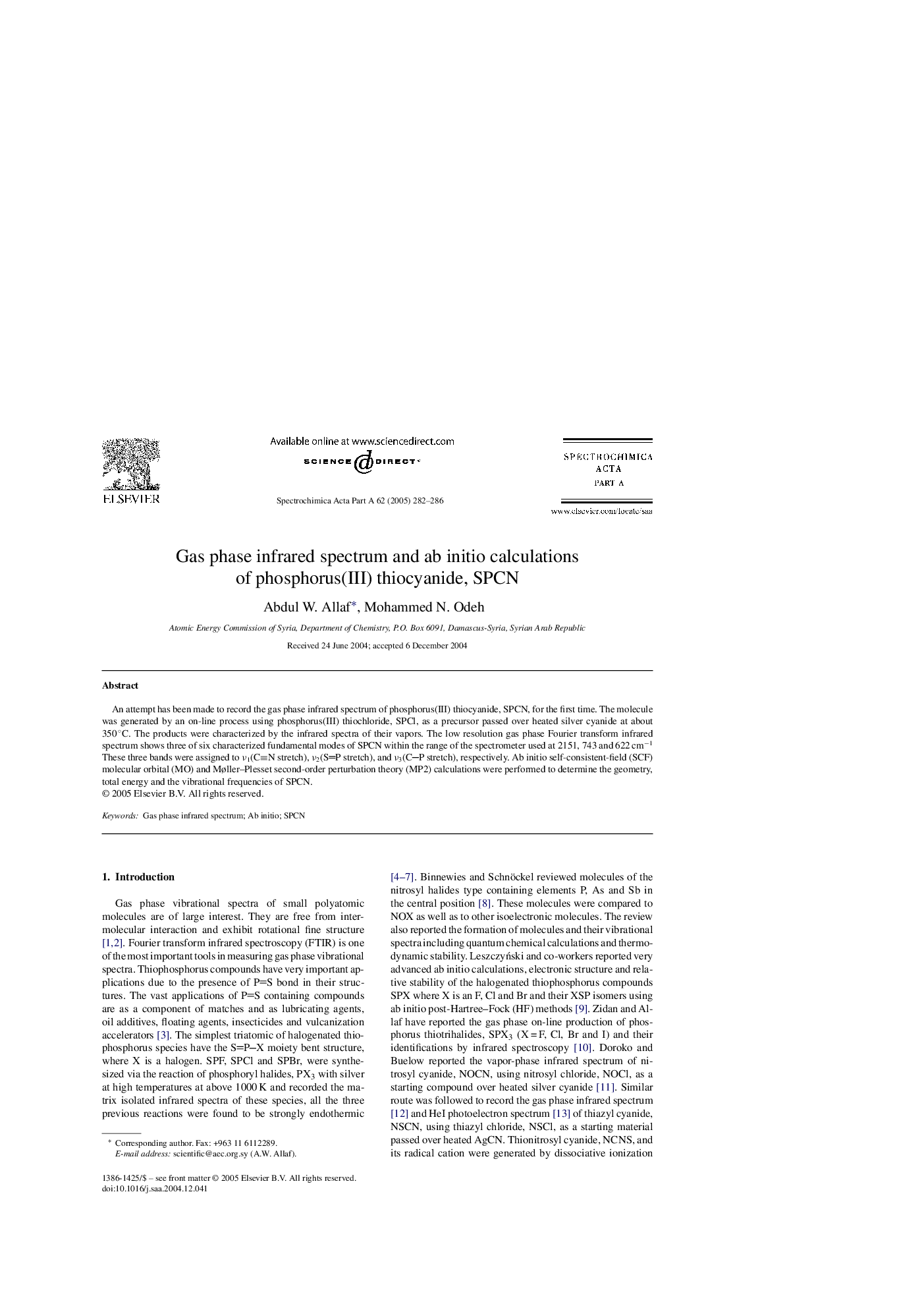Gas phase infrared spectrum and ab initio calculations of phosphorus(III) thiocyanide, SPCN