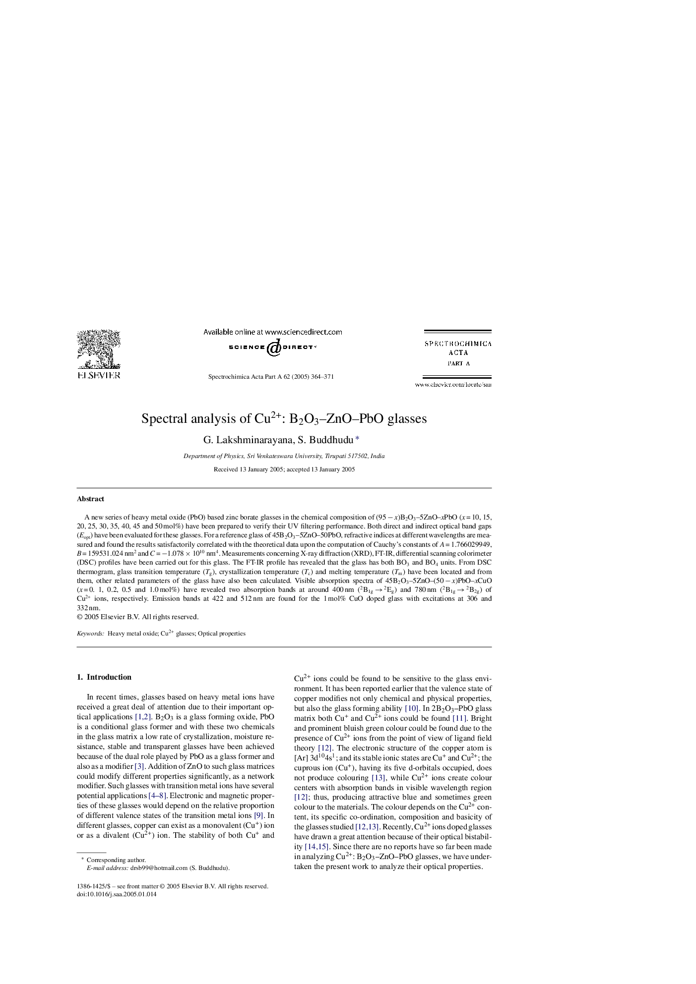 Spectral analysis of Cu2+: B2O3-ZnO-PbO glasses