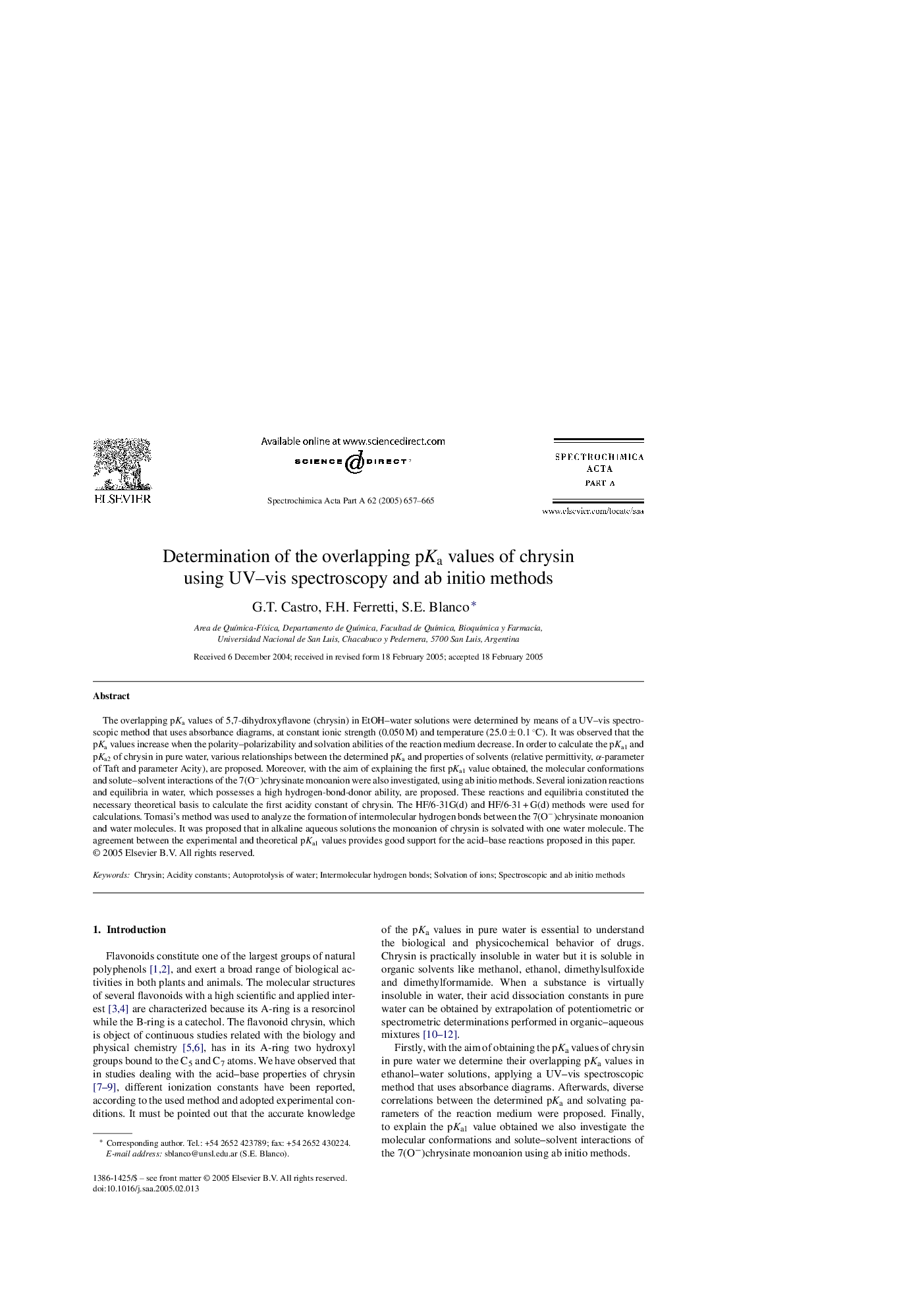 Determination of the overlapping pKa values of chrysin using UV-vis spectroscopy and ab initio methods