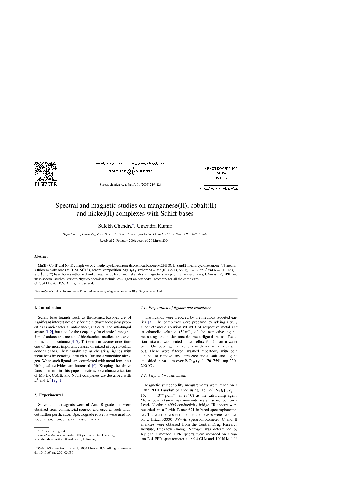 Spectral and magnetic studies on manganese(II), cobalt(II) and nickel(II) complexes with Schiff bases