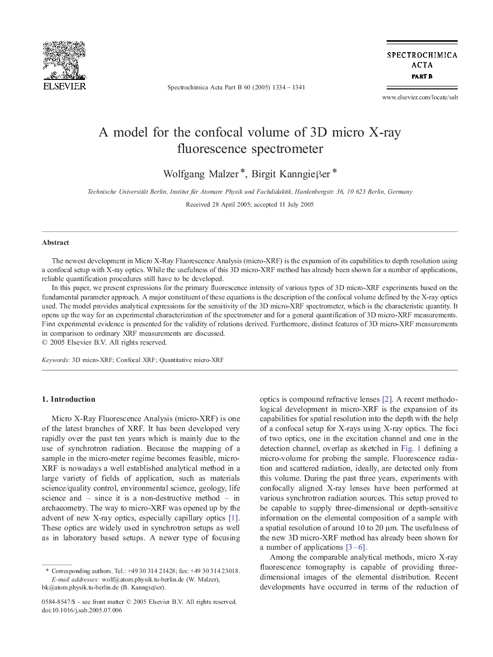 A model for the confocal volume of 3D micro X-ray fluorescence spectrometer