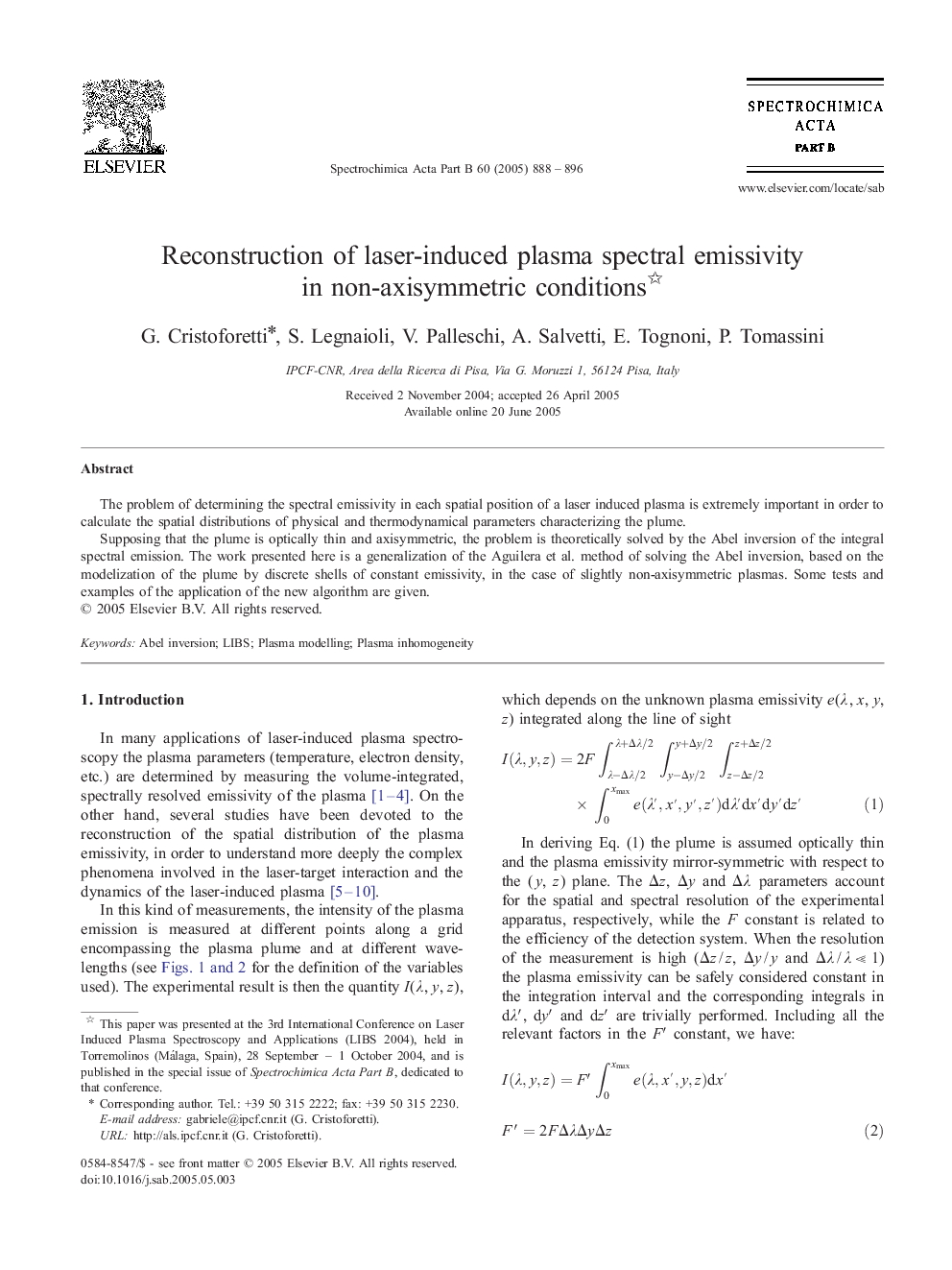 Reconstruction of laser-induced plasma spectral emissivity in non-axisymmetric conditions