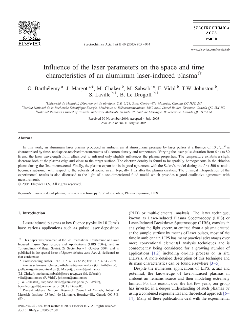 Influence of the laser parameters on the space and time characteristics of an aluminum laser-induced plasma