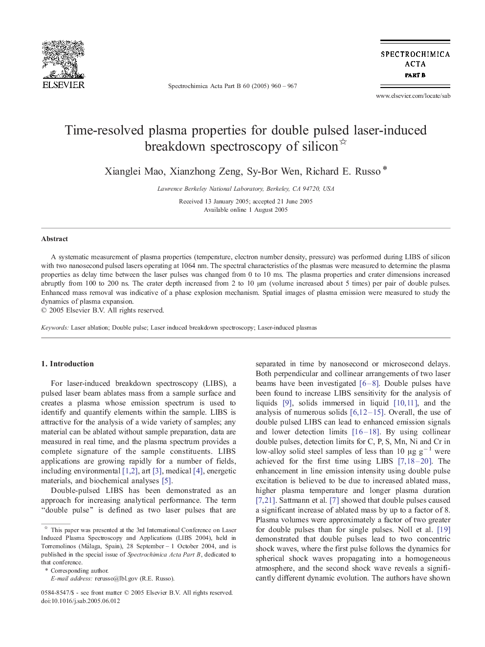 Time-resolved plasma properties for double pulsed laser-induced breakdown spectroscopy of silicon