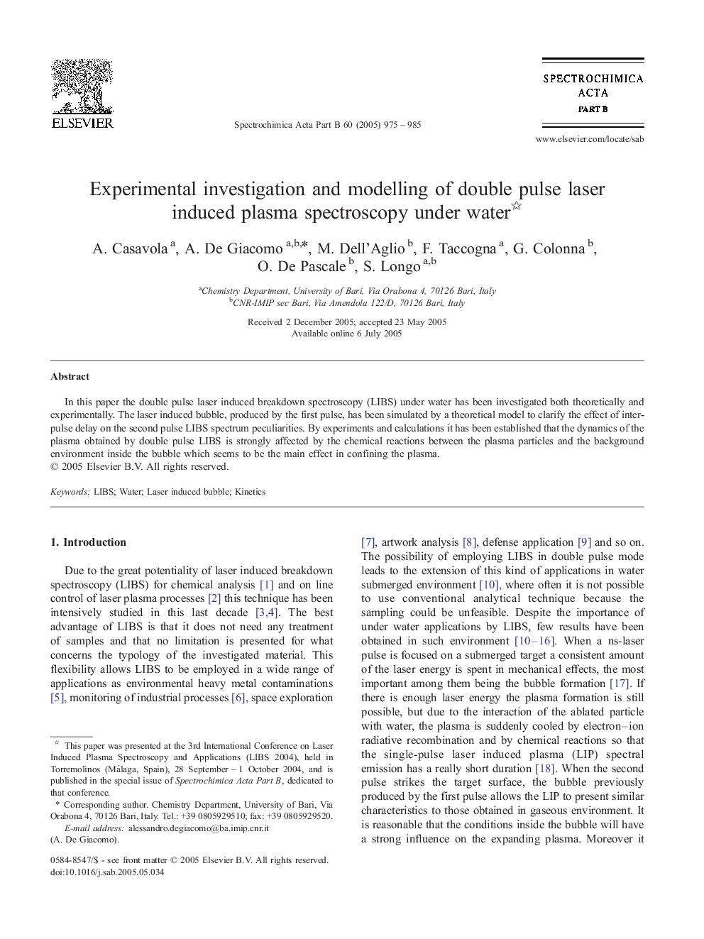 Experimental investigation and modelling of double pulse laser induced plasma spectroscopy under water