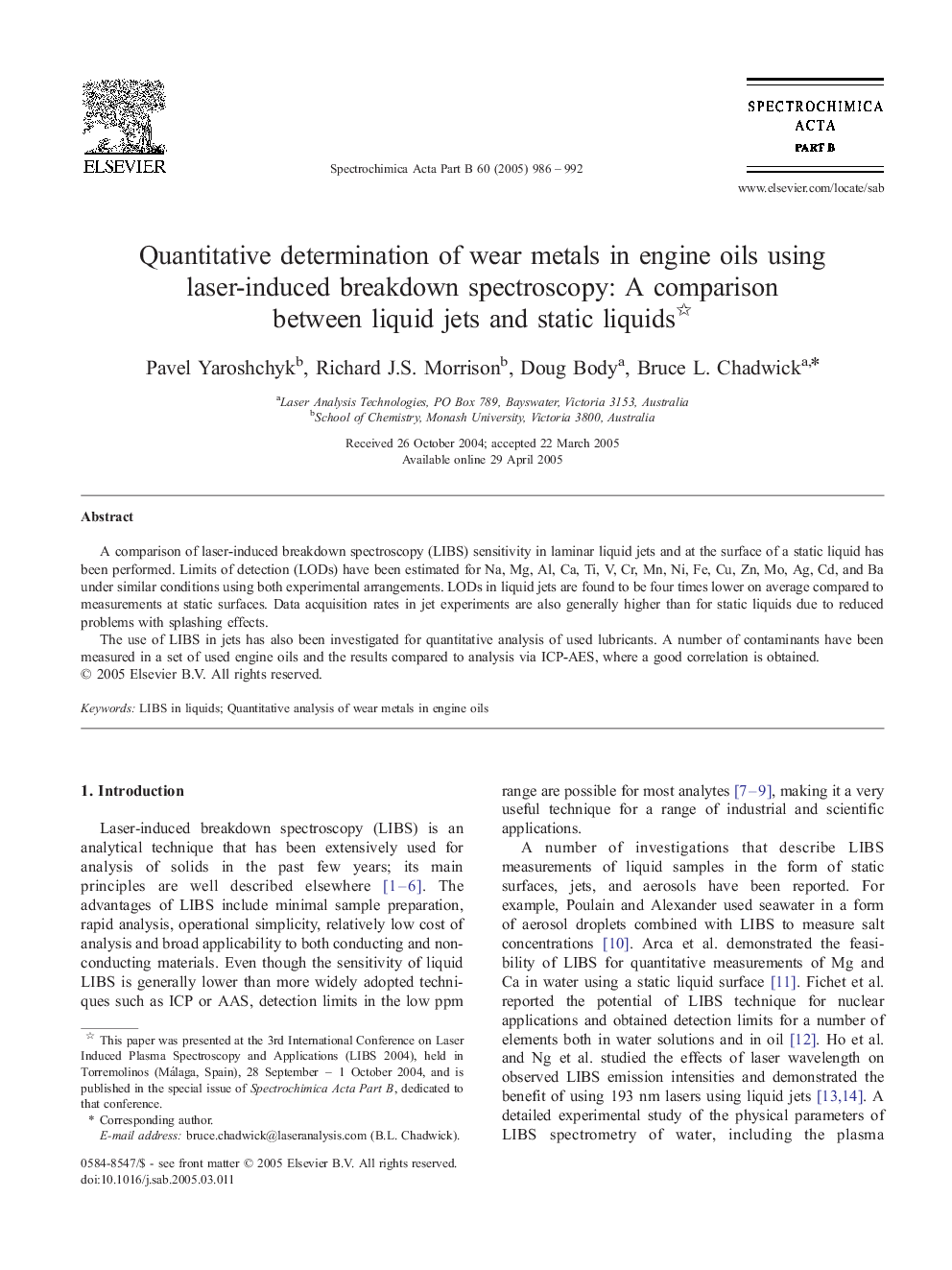 Quantitative determination of wear metals in engine oils using laser-induced breakdown spectroscopy: A comparison between liquid jets and static liquids