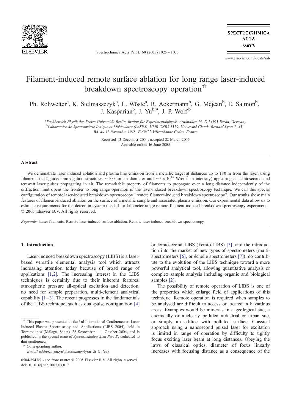 Filament-induced remote surface ablation for long range laser-induced breakdown spectroscopy operation