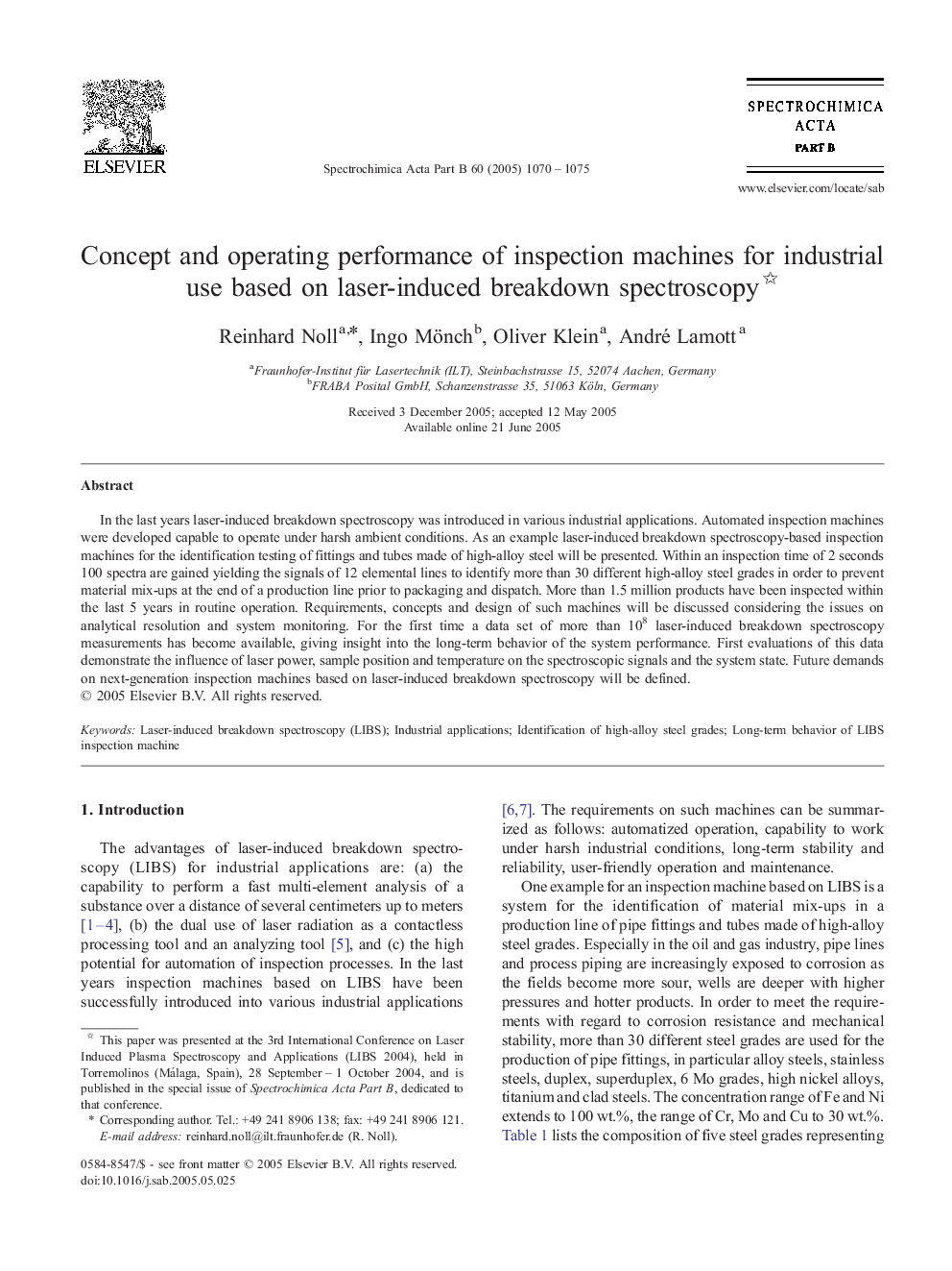 Concept and operating performance of inspection machines for industrial use based on laser-induced breakdown spectroscopy