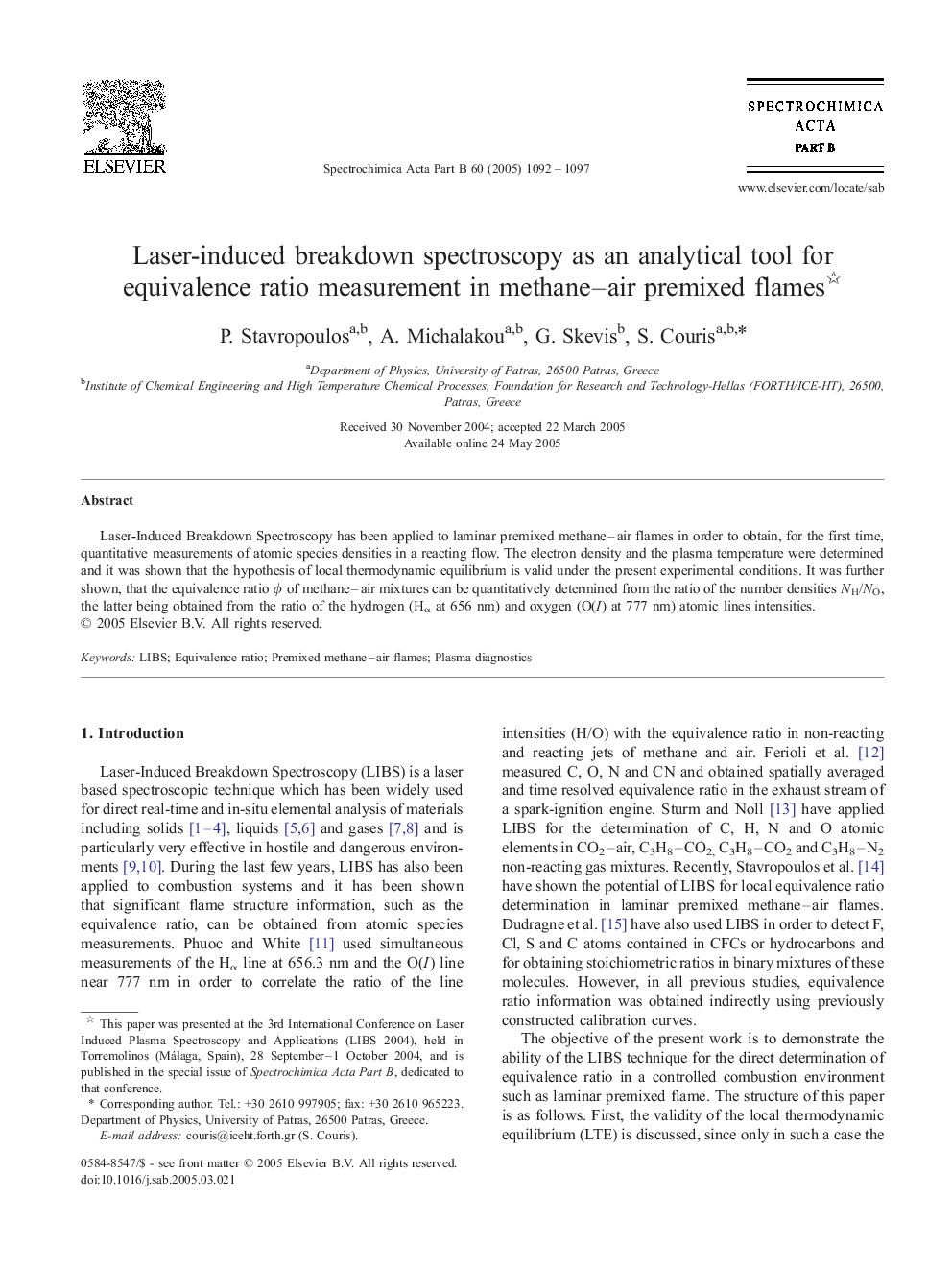 Laser-induced breakdown spectroscopy as an analytical tool for equivalence ratio measurement in methane-air premixed flames