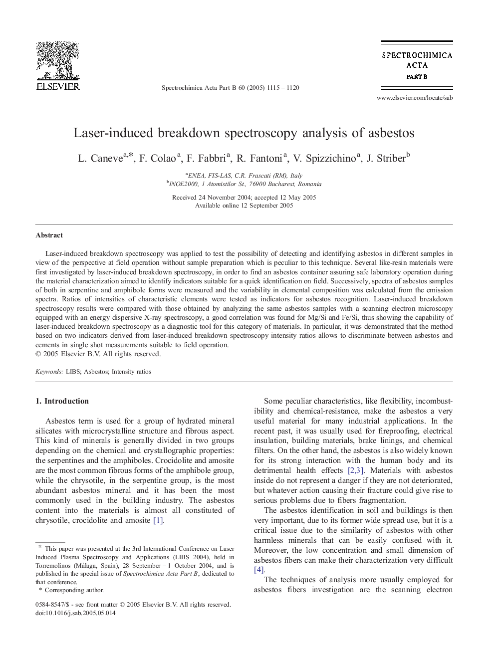 Laser-induced breakdown spectroscopy analysis of asbestos