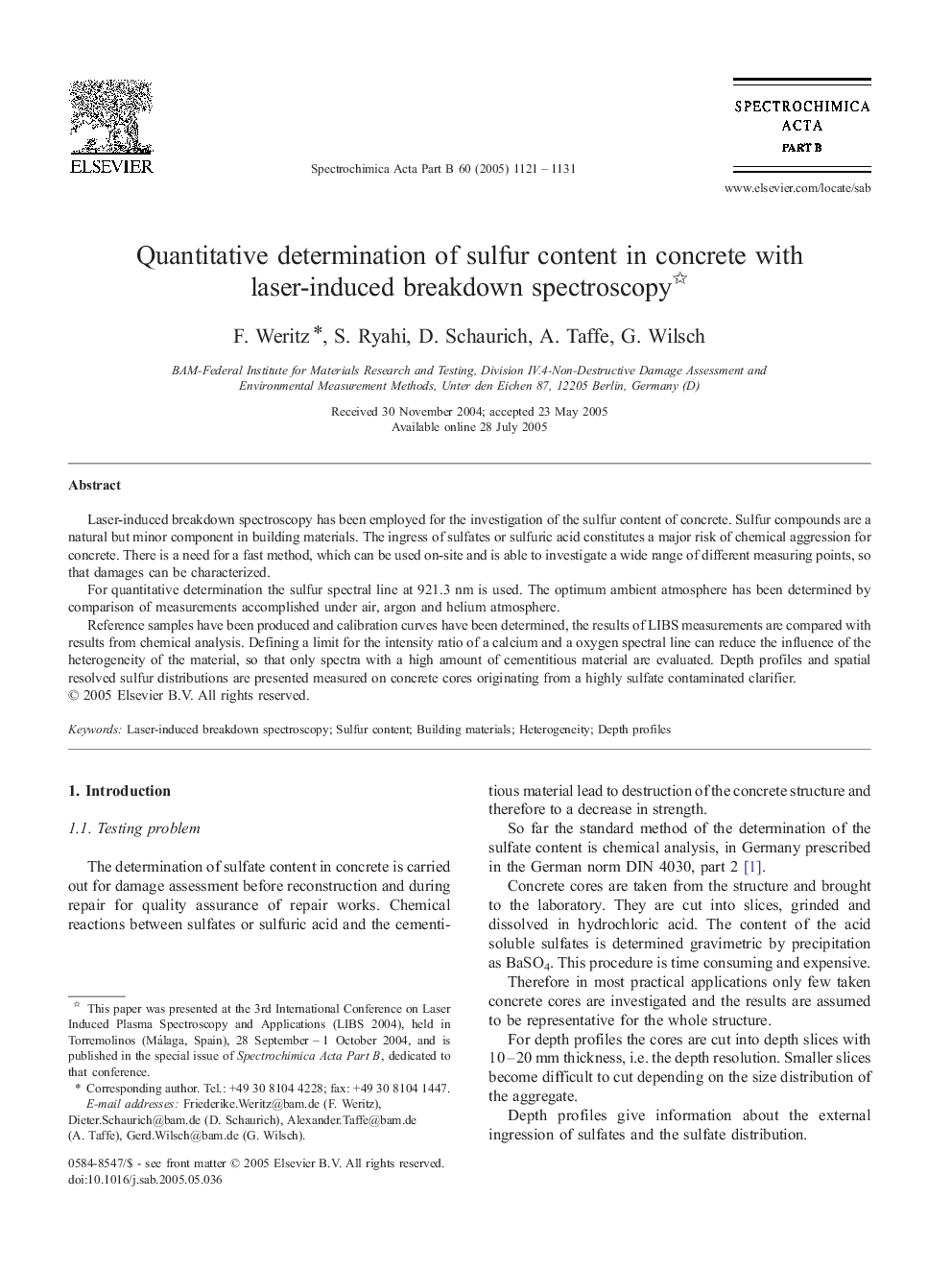 Quantitative determination of sulfur content in concrete with laser-induced breakdown spectroscopy