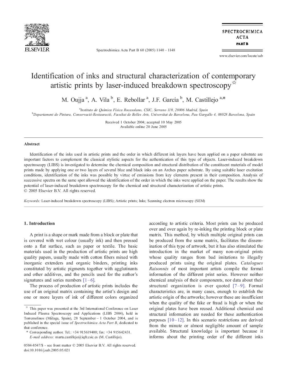 Identification of inks and structural characterization of contemporary artistic prints by laser-induced breakdown spectroscopy