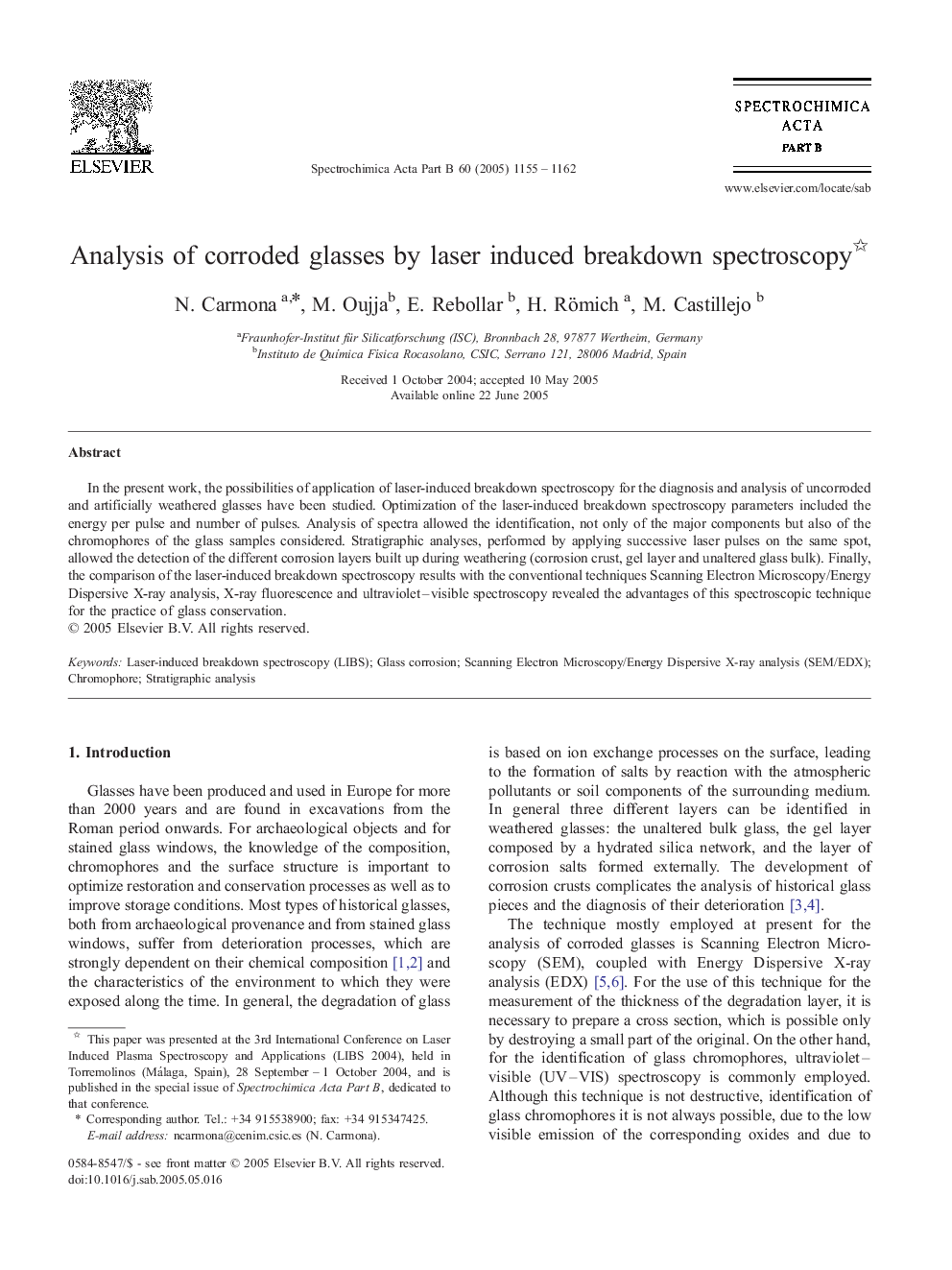 Analysis of corroded glasses by laser induced breakdown spectroscopy